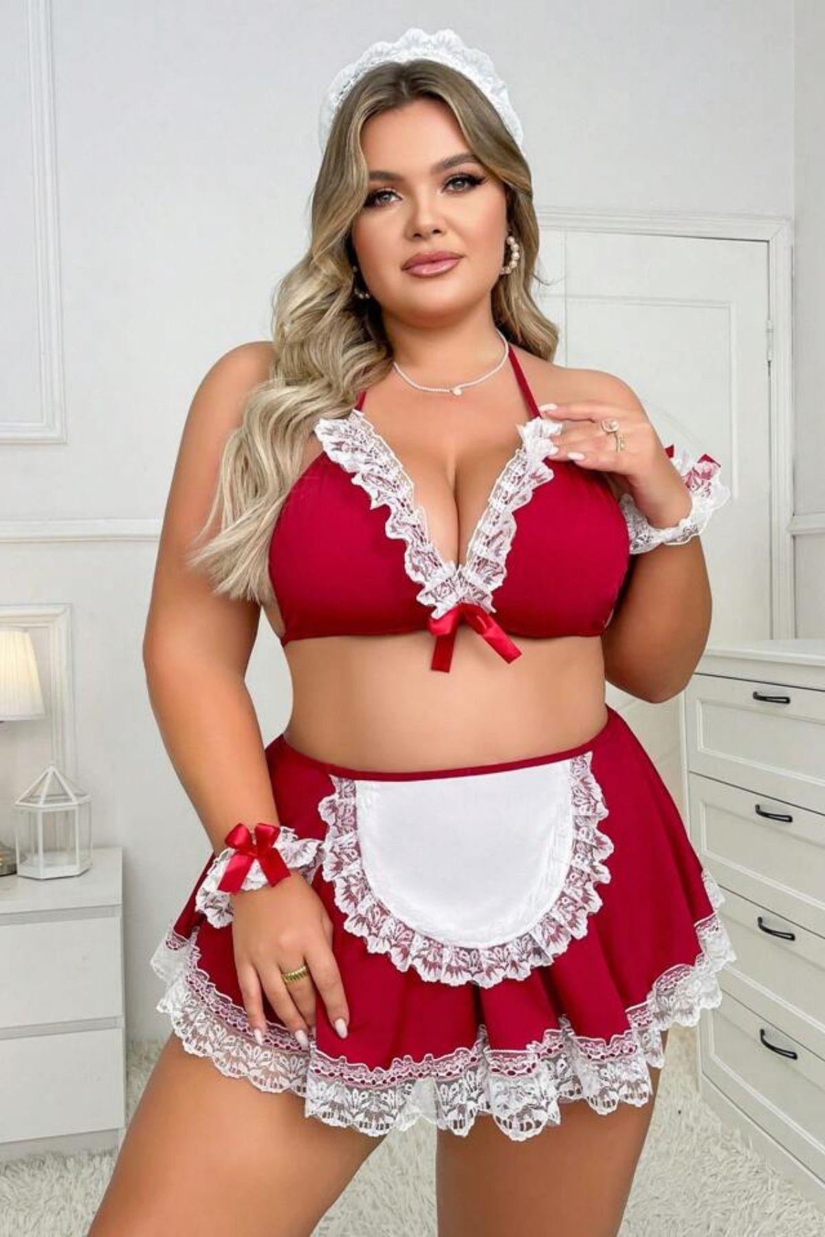 Bella Notte Kırmızı Büyük Beden Hizmetçi Kostüm 17024