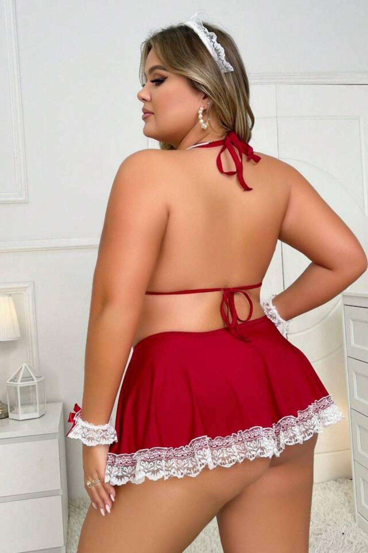 Bella Notte Kırmızı Büyük Beden Hizmetçi Kostüm 17024