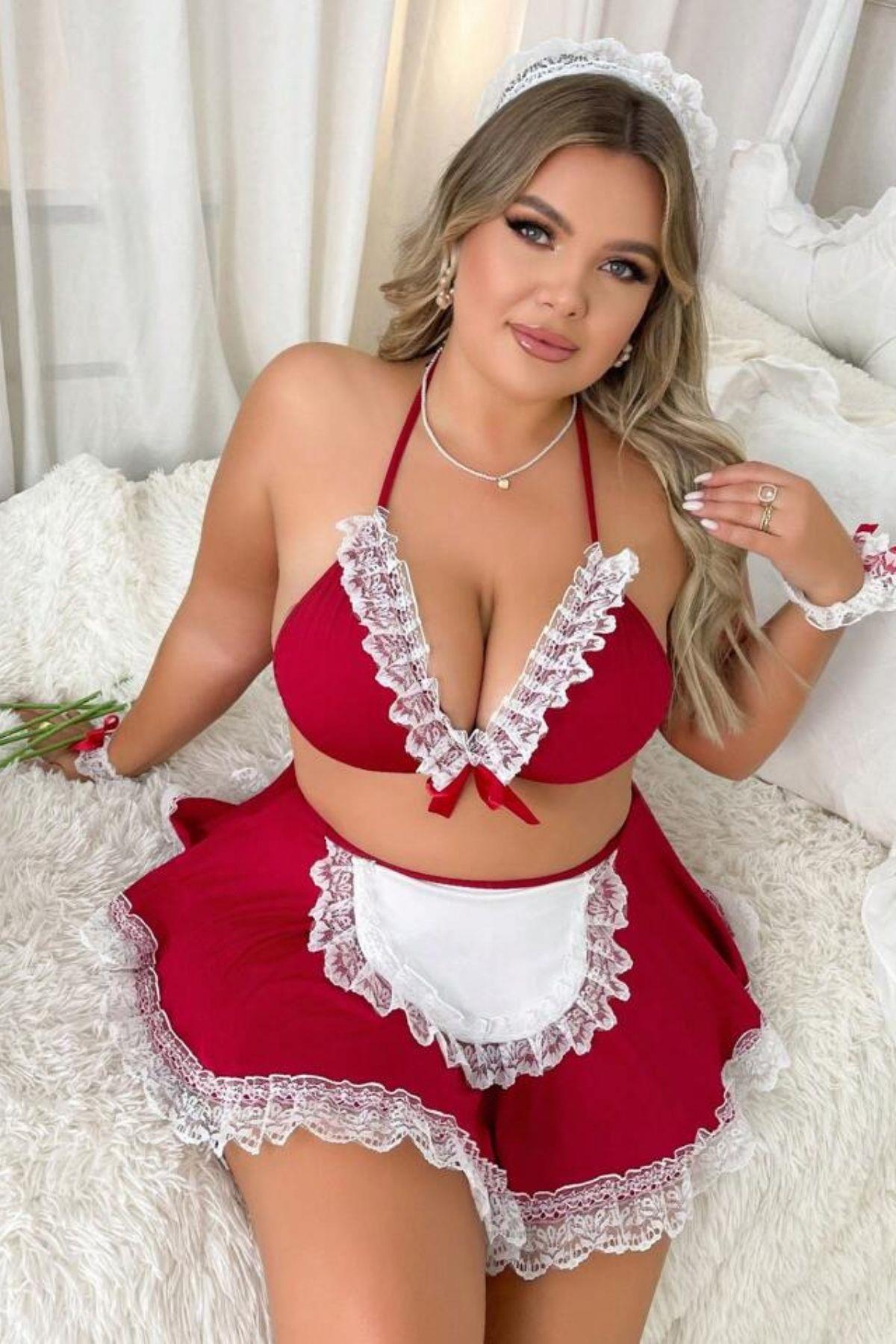 Bella Notte Kırmızı Büyük Beden Hizmetçi Kostüm 17024
