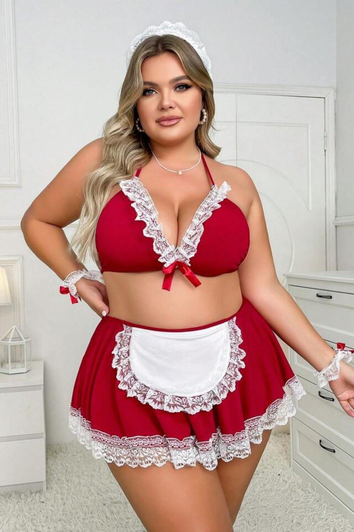 Bella Notte Kırmızı Büyük Beden Hizmetçi Kostüm 17024