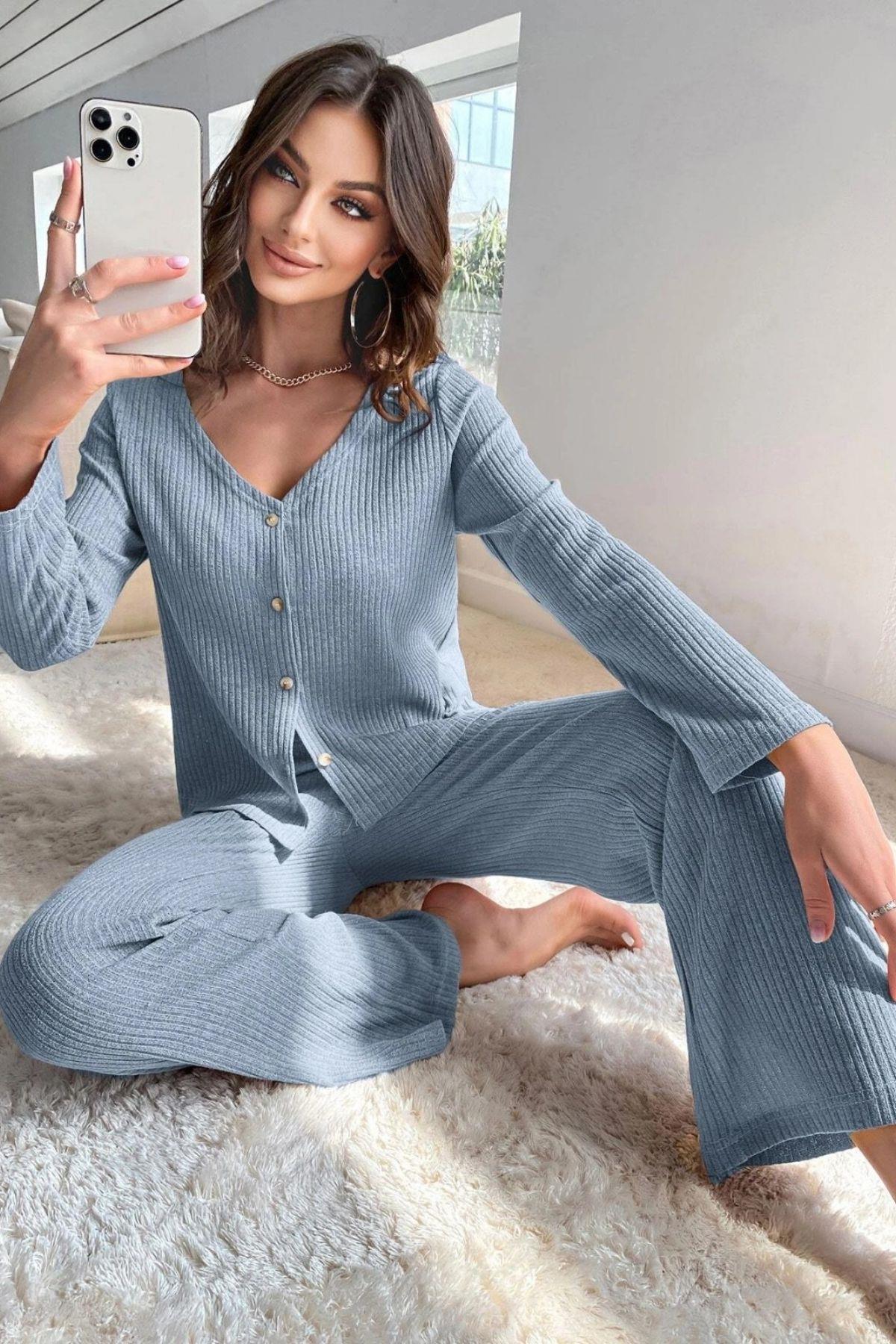 Bella Notte Mavi Hırkalı Pamuklu Pijama Takımı 7071
