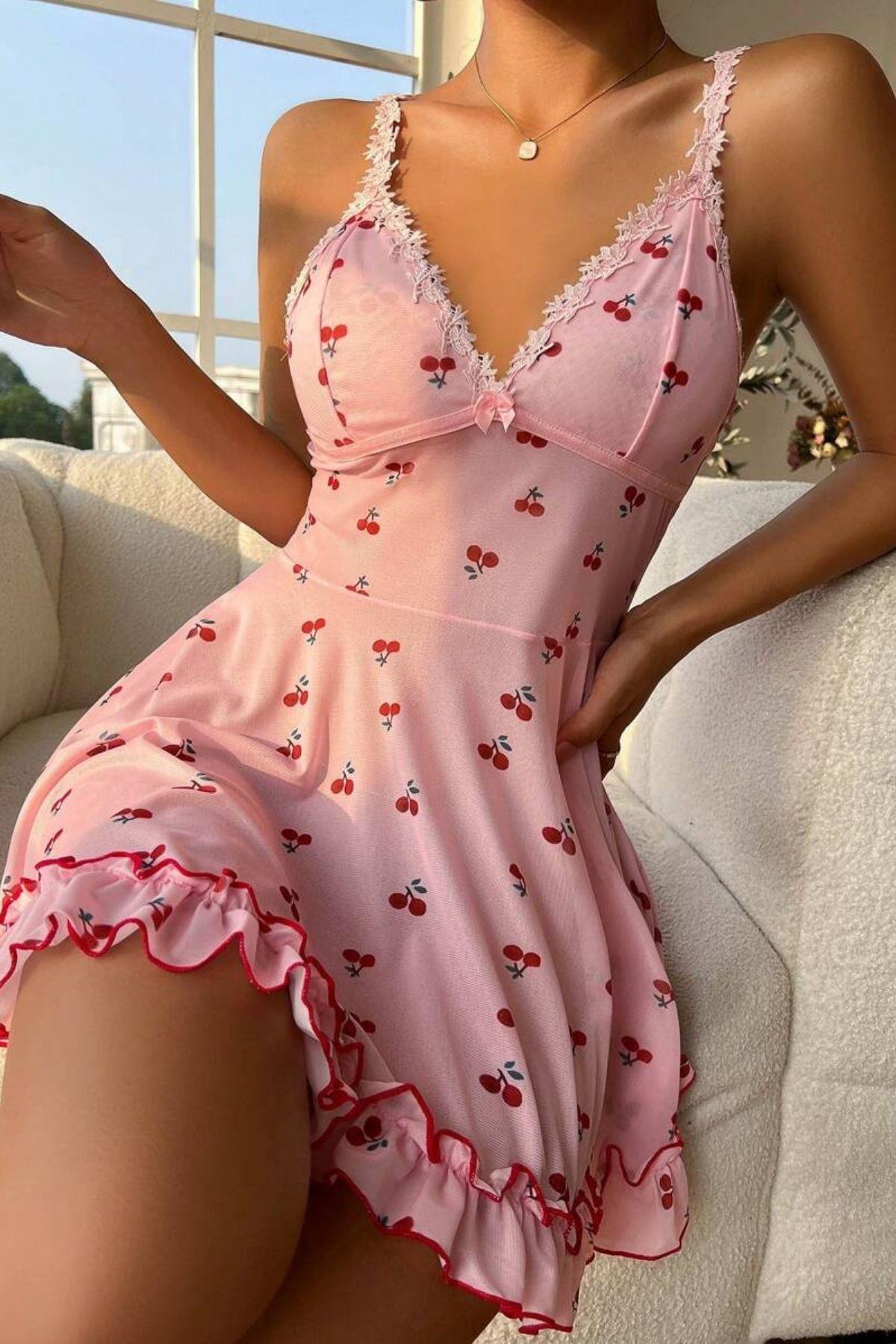 Bella Notte Pembe Kiraz Desenli Askılı Gecelik 15565