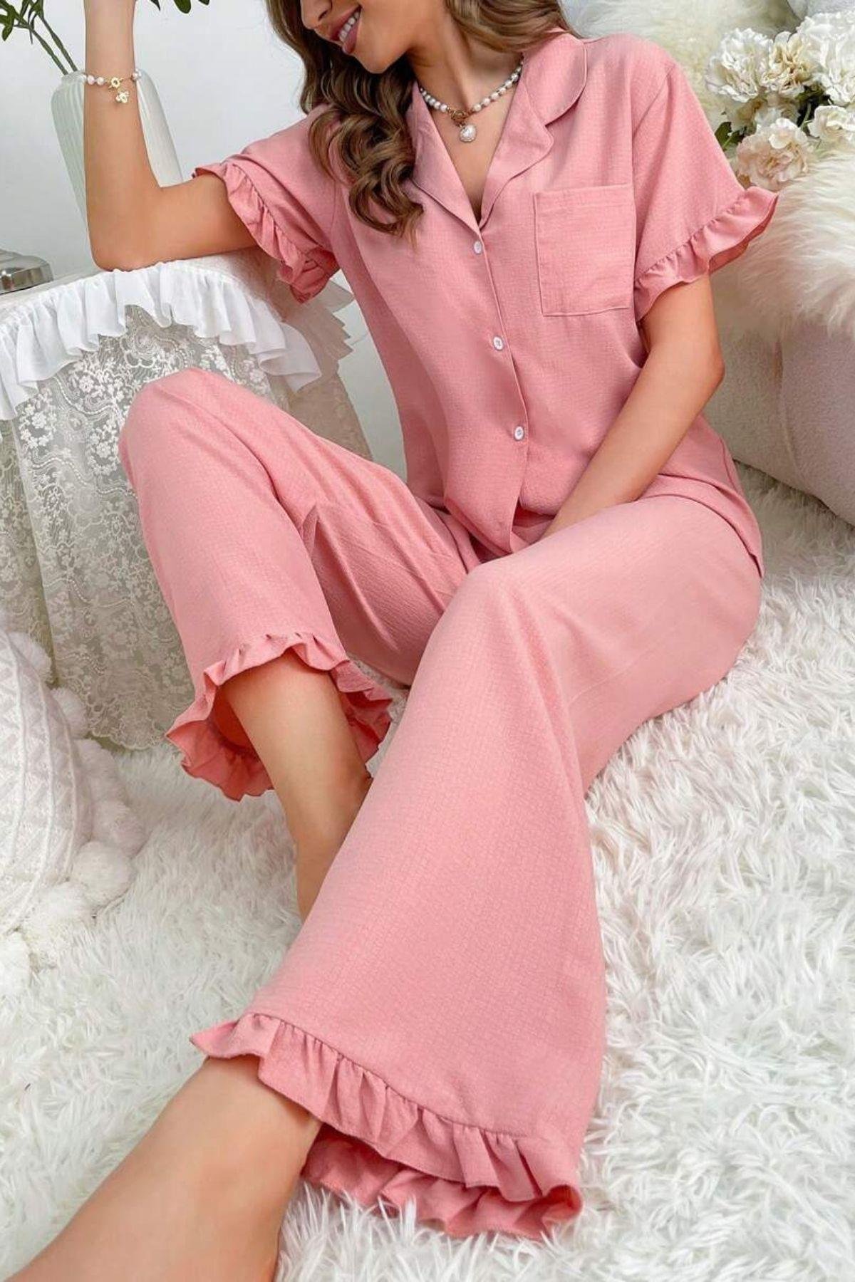 Bella Notte Pembe Kruvaze Yaka Fırfır Detaylı Pijama Takımı 7361