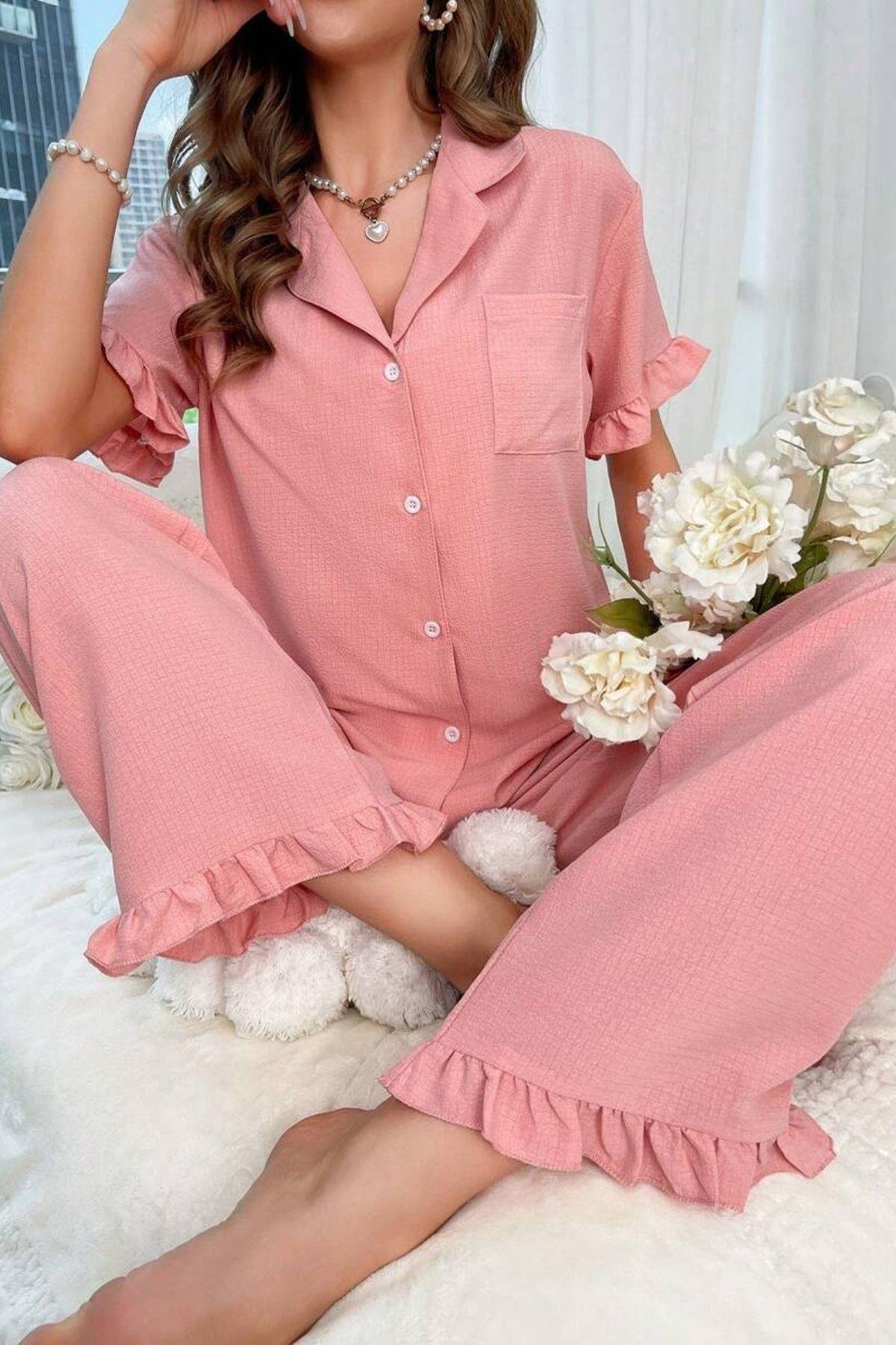 Bella Notte Pembe Kruvaze Yaka Fırfır Detaylı Pijama Takımı 7361