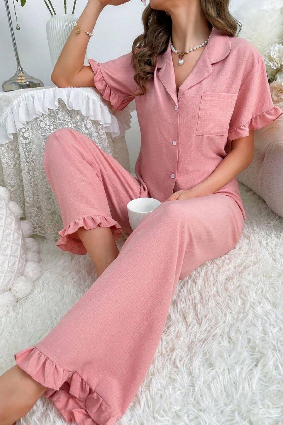 Bella Notte Pembe Kruvaze Yaka Fırfır Detaylı Pijama Takımı 7361