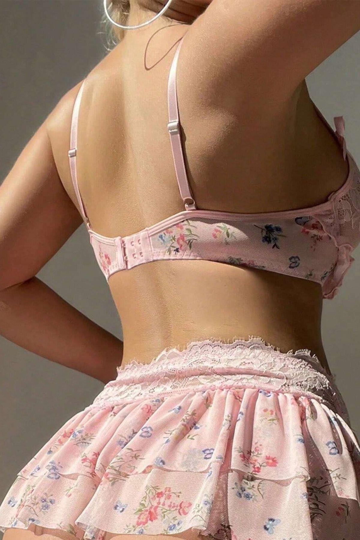 Bella Notte Toz Pembe Çiçek Desenli Etek Sütyen Takım 16525