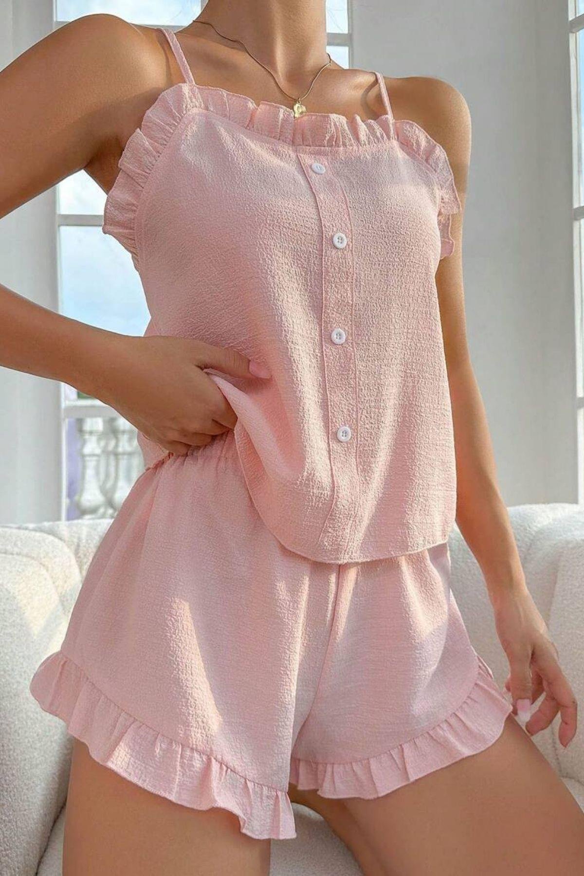Bella Notte Toz Pembe Fırfır Yakalı Askılı Şort Takım 7727