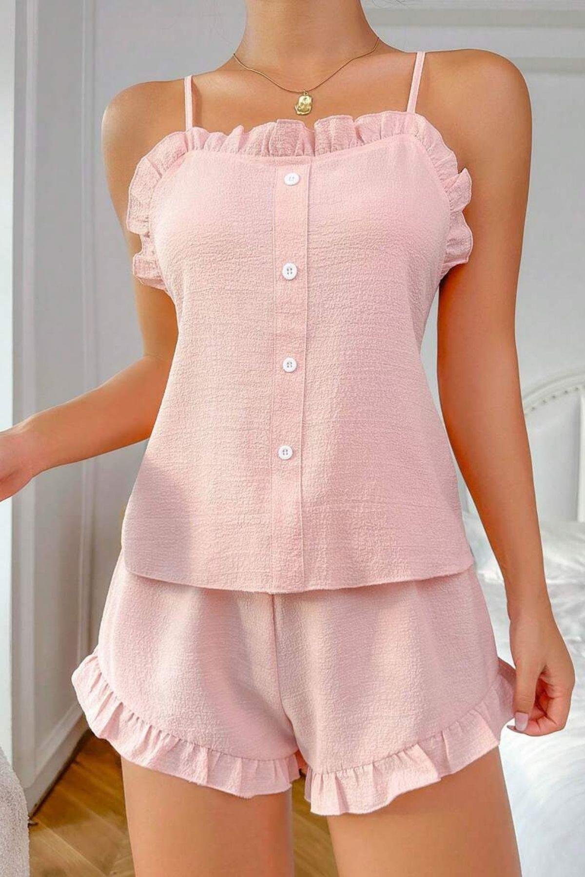 Bella Notte Toz Pembe Fırfır Yakalı Askılı Şort Takım 7727