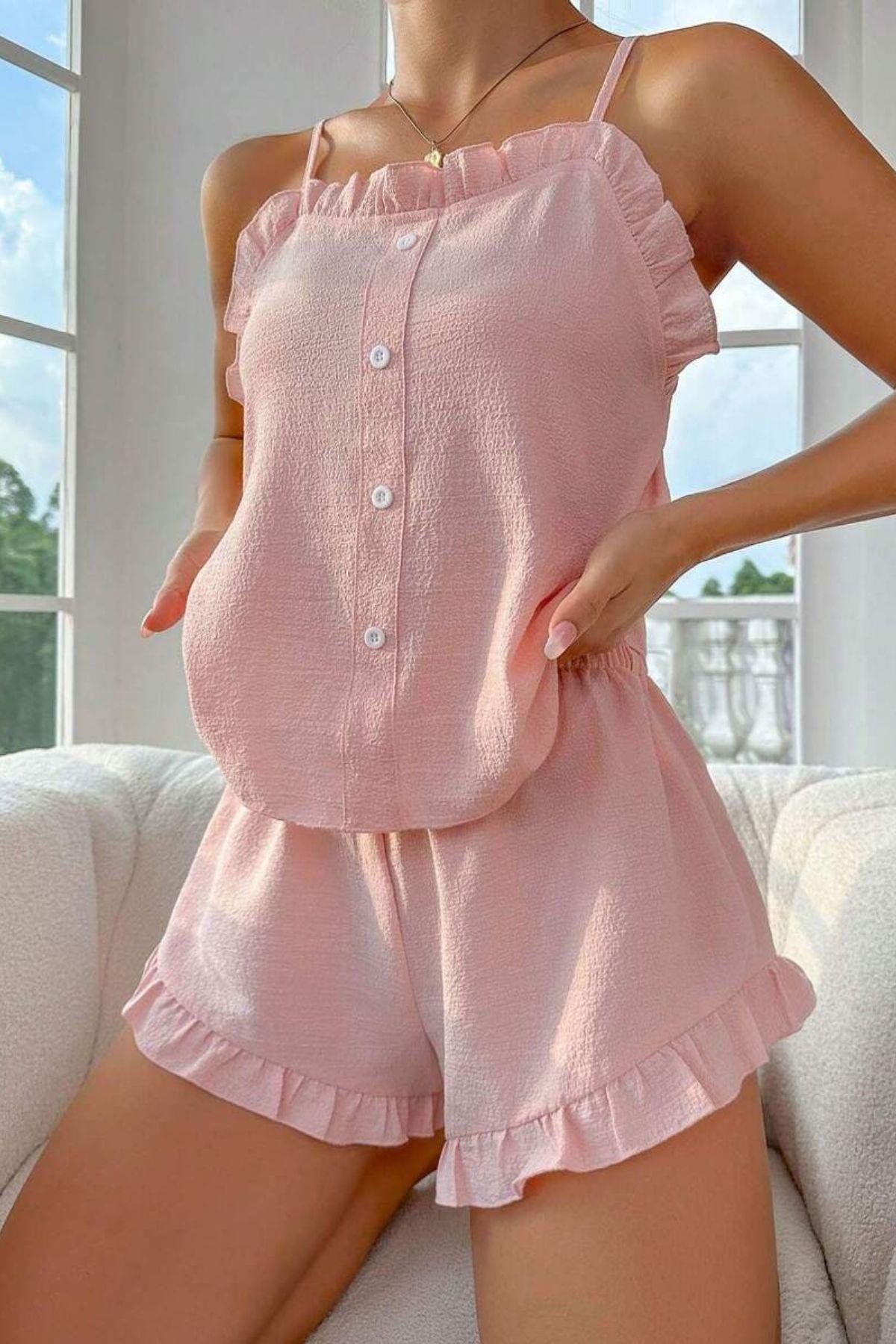 Bella Notte Toz Pembe Fırfır Yakalı Askılı Şort Takım 7727
