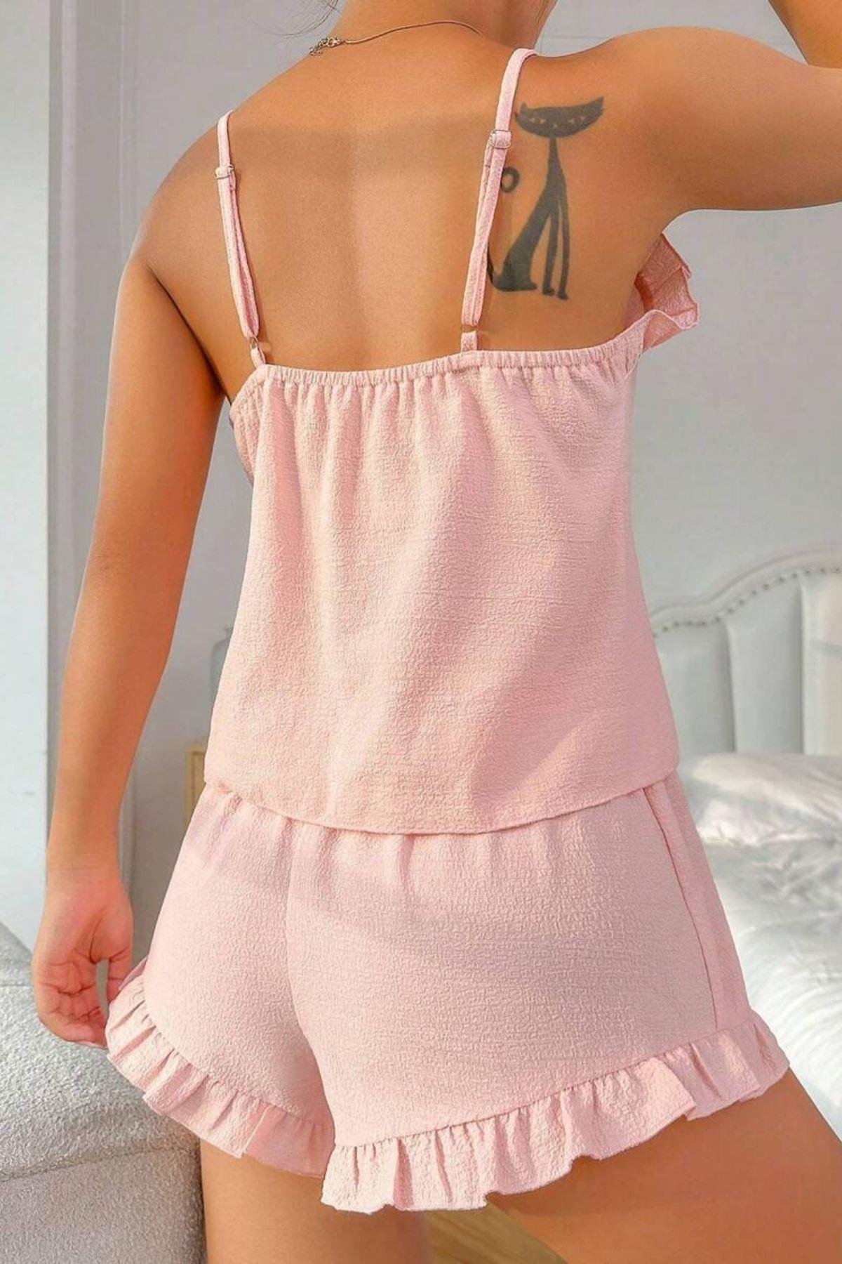 Bella Notte Toz Pembe Fırfır Yakalı Askılı Şort Takım 7727
