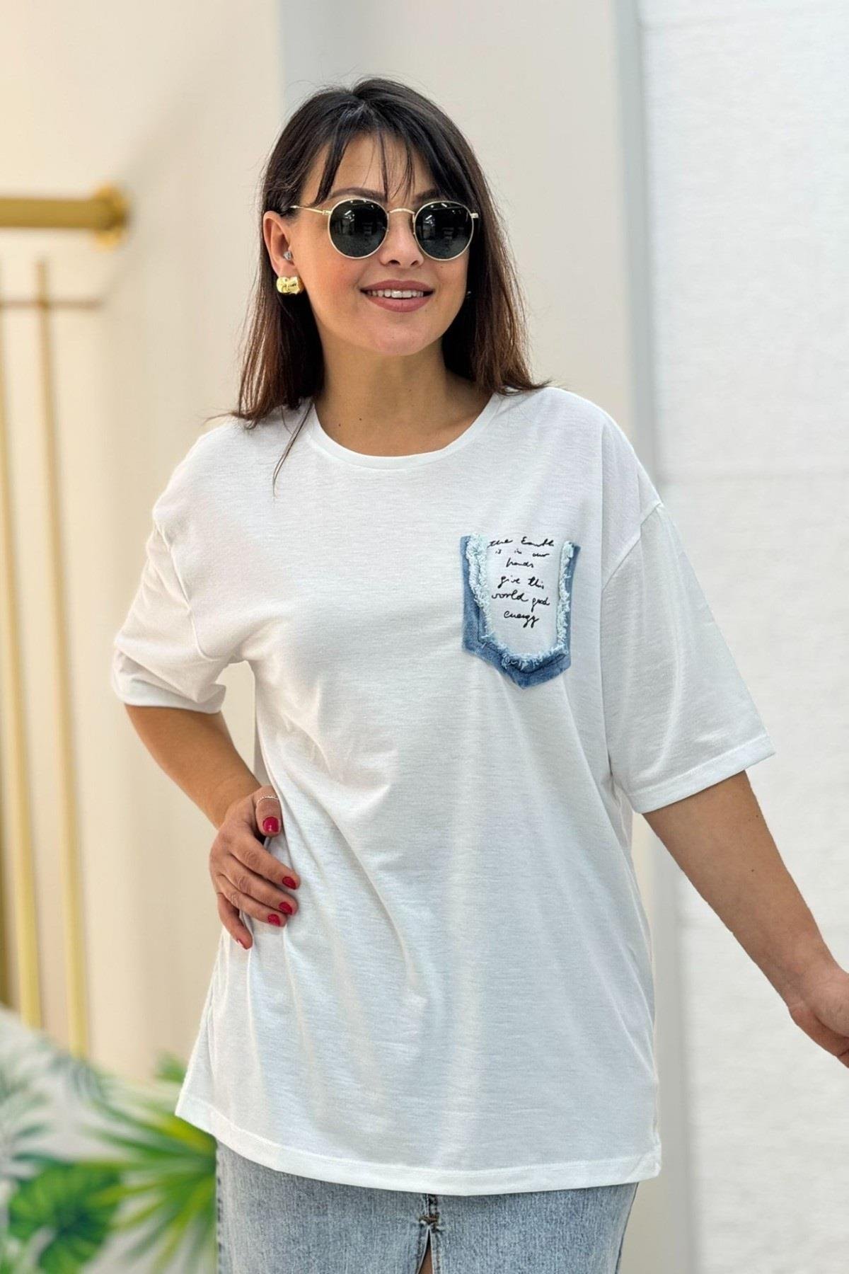 Pamuklu Denim Detaylı Basic T-Shirt 2259