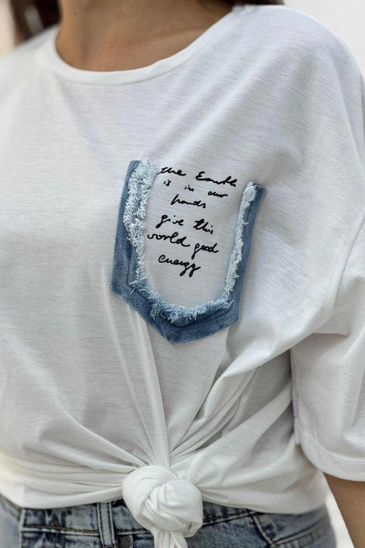Pamuklu Denim Detaylı Basic T-Shirt 2259