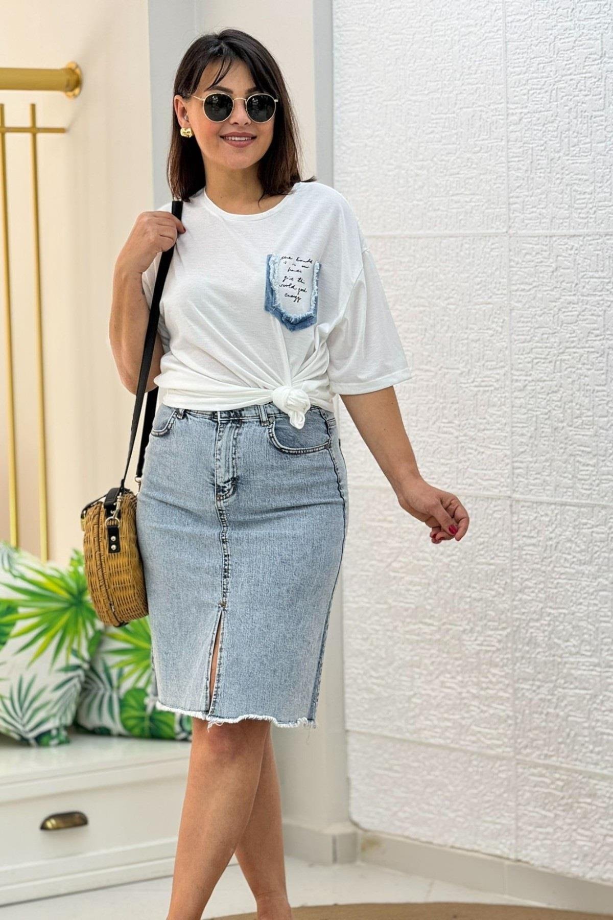 Pamuklu Denim Detaylı Basic T-Shirt 2259