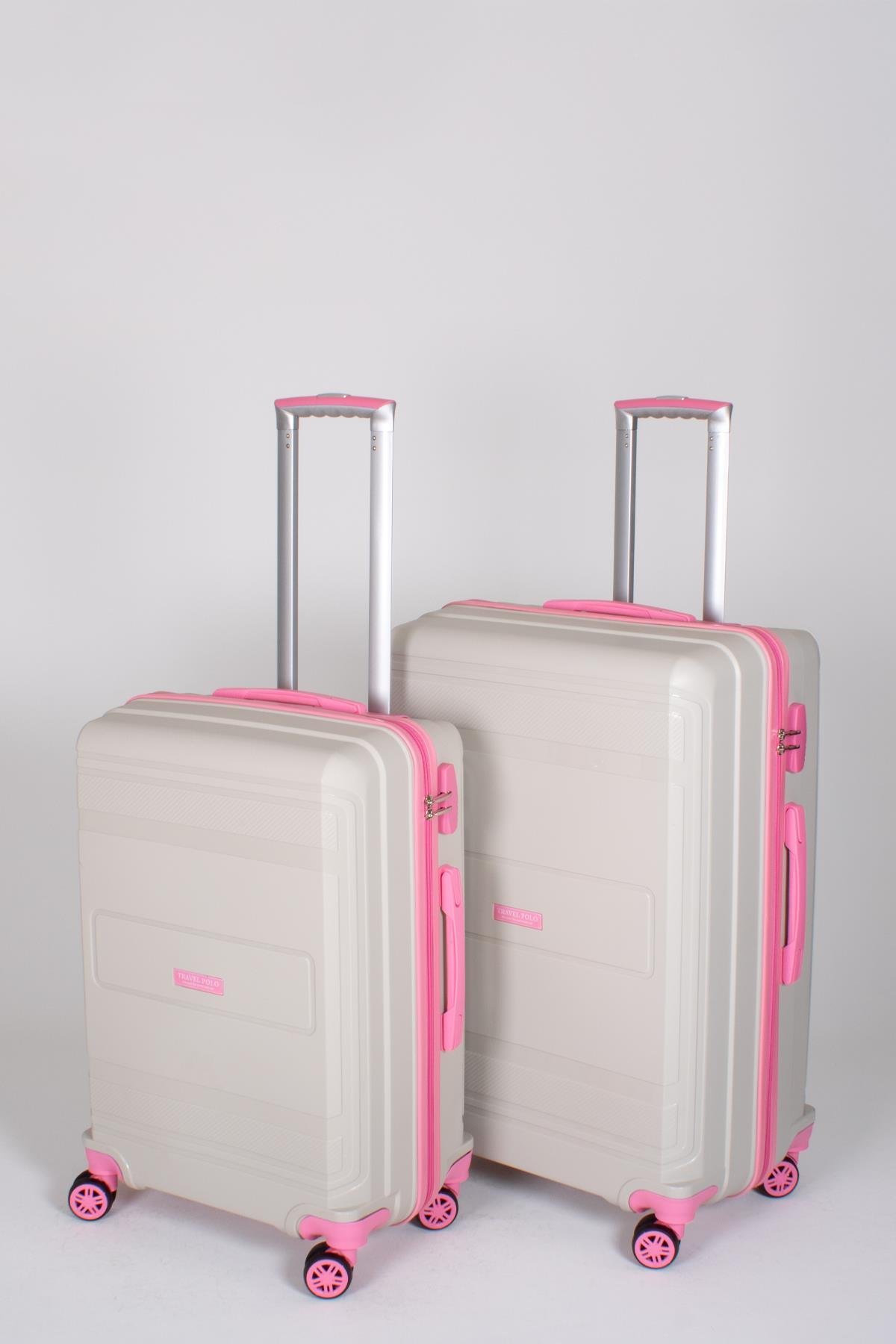 Travel Polo 2'li Valiz Seti (Orta Büyük) Kırılmaz Krem Fuşya 1017