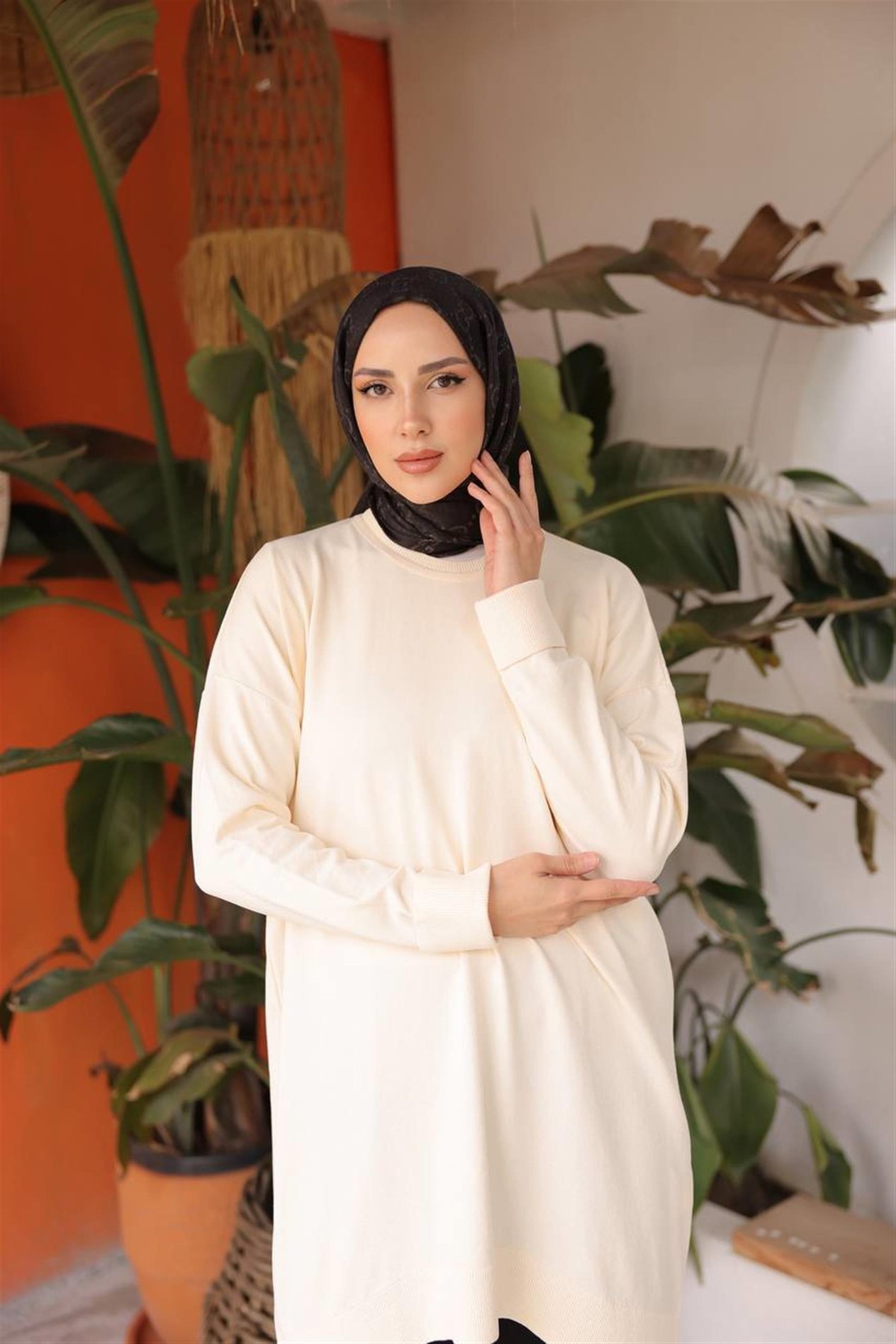 14853 Soğuk Tuşe Oversize Bisiklet Yaka Tunik