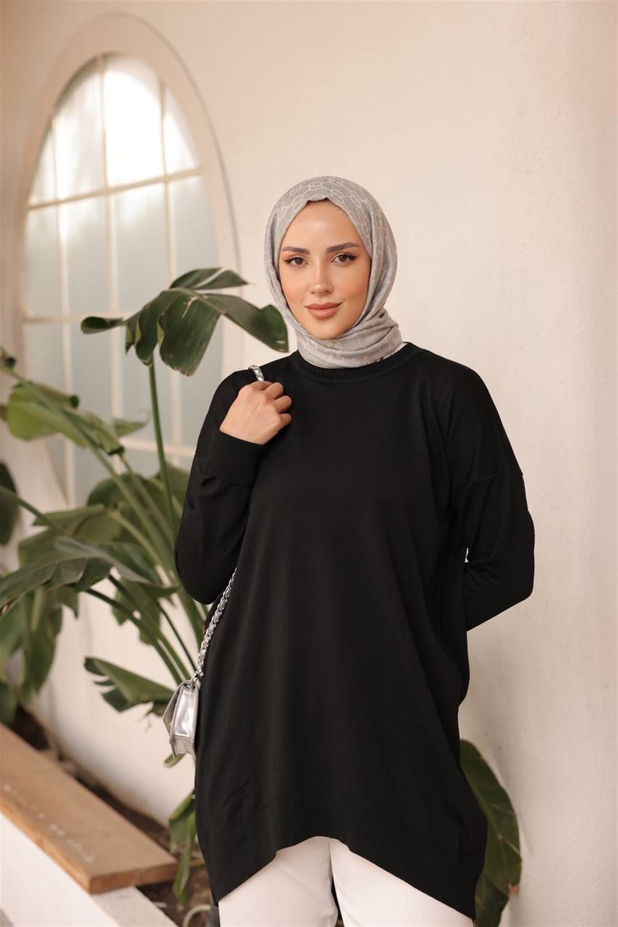 14853 Soğuk Tuşe Oversize Bisiklet Yaka Tunik