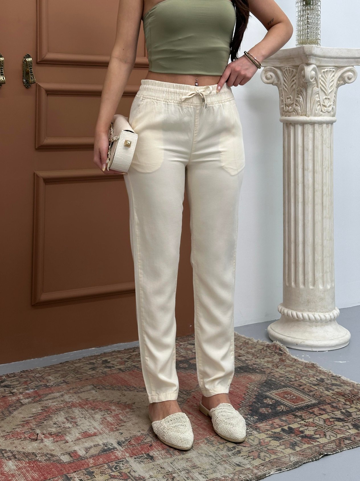 LACARINOBel Lastikli Jogger Krem Pantolon