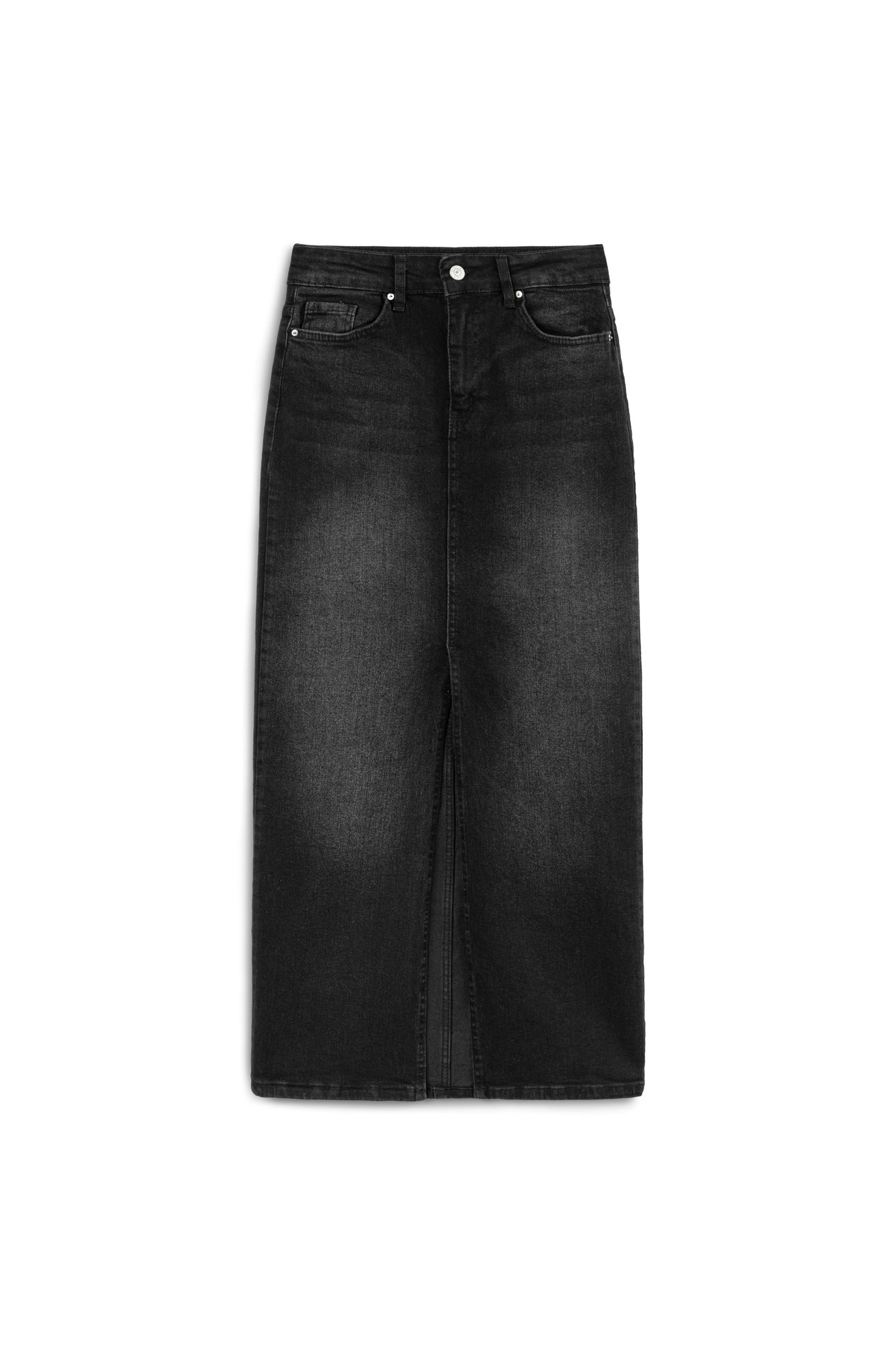 Önden Yırtmaç Detaylı Beş Cepli Siyah Midi Denim Etek