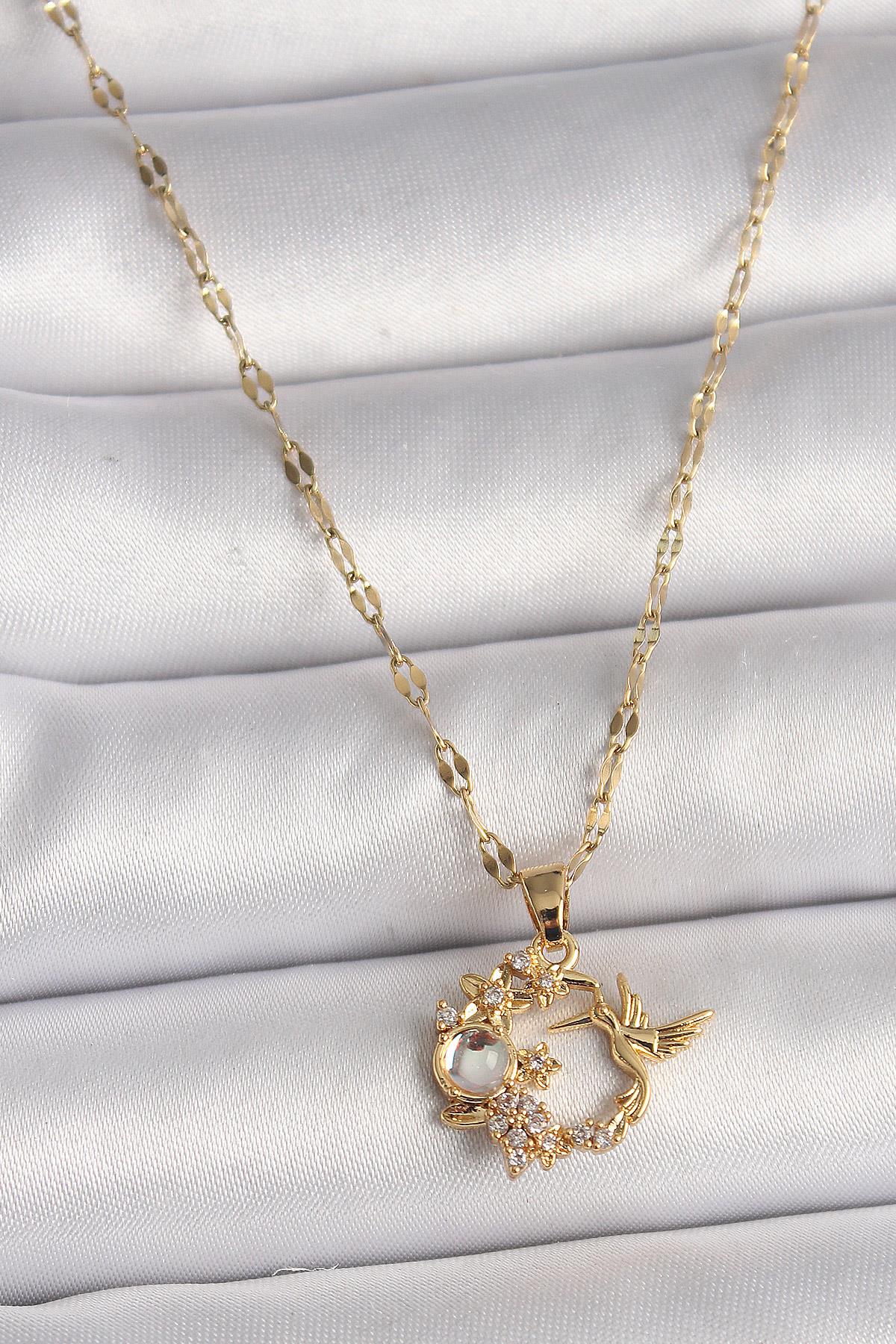 316L Çelik Gold Renk Zincir Zirkon Taşlı Sinek Kuşu Figür Çiçek Figür Kadın Kolye