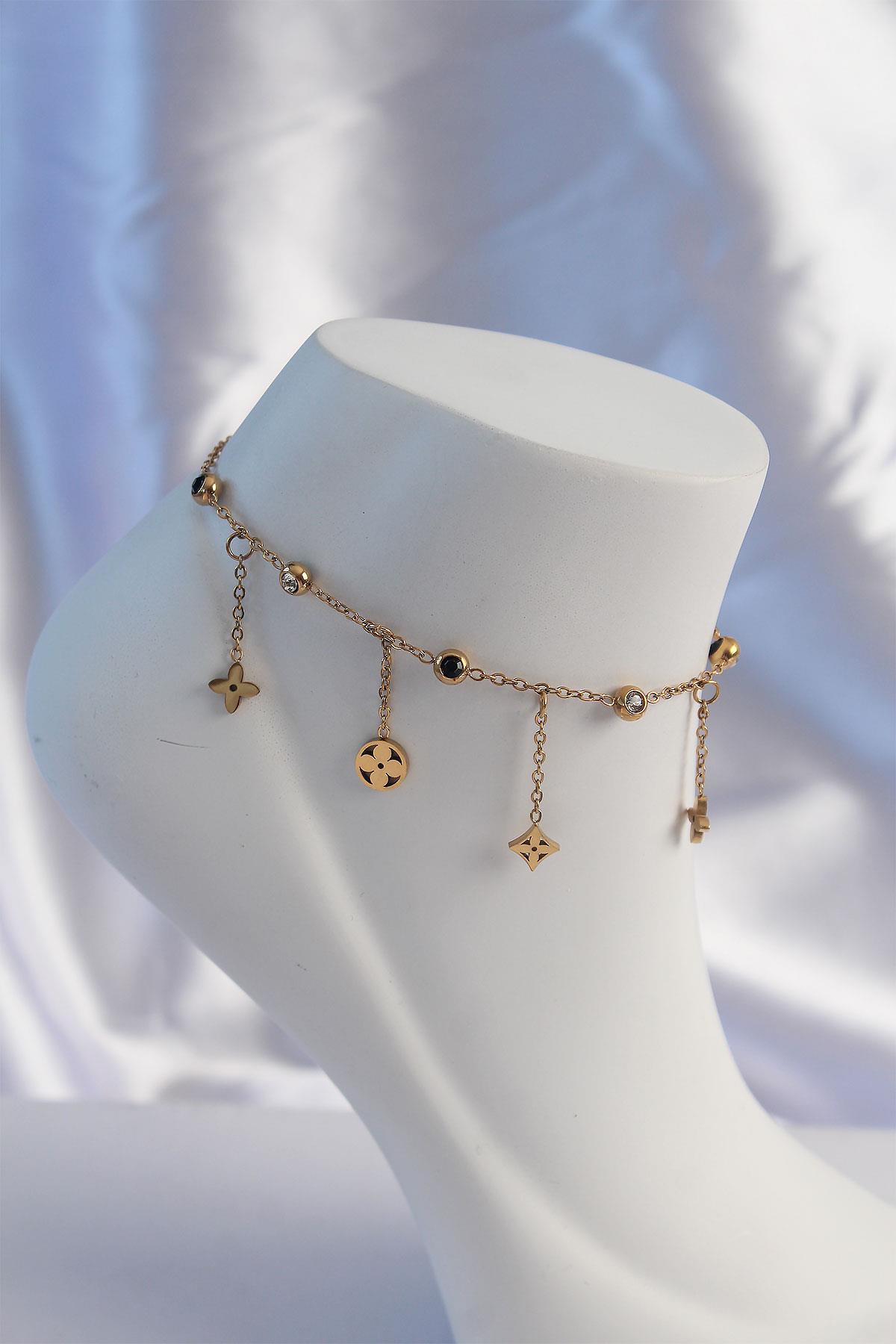 316L Çelik Gold Renk Zirkon Taşlı Sallantılı Yonca Model Halhal