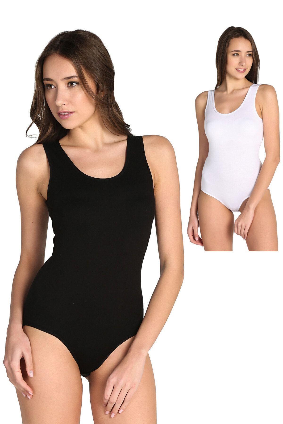 Kadın Siyah Beyaz Kalın Askılı Likralı Kancalı Çıtçıtlı Body 6'lı Tkd0149-s