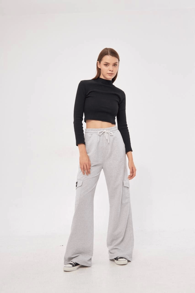 Kargo Cepli Palazzo Oversize Kesim İki Iplik Bol Paça Eşofman Altı Pantalon - Gri