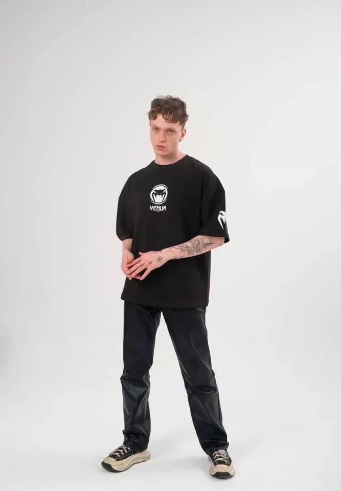 Unisex Bisiklet Yaka Baskılı Oversize T-Shirt - Beyaz