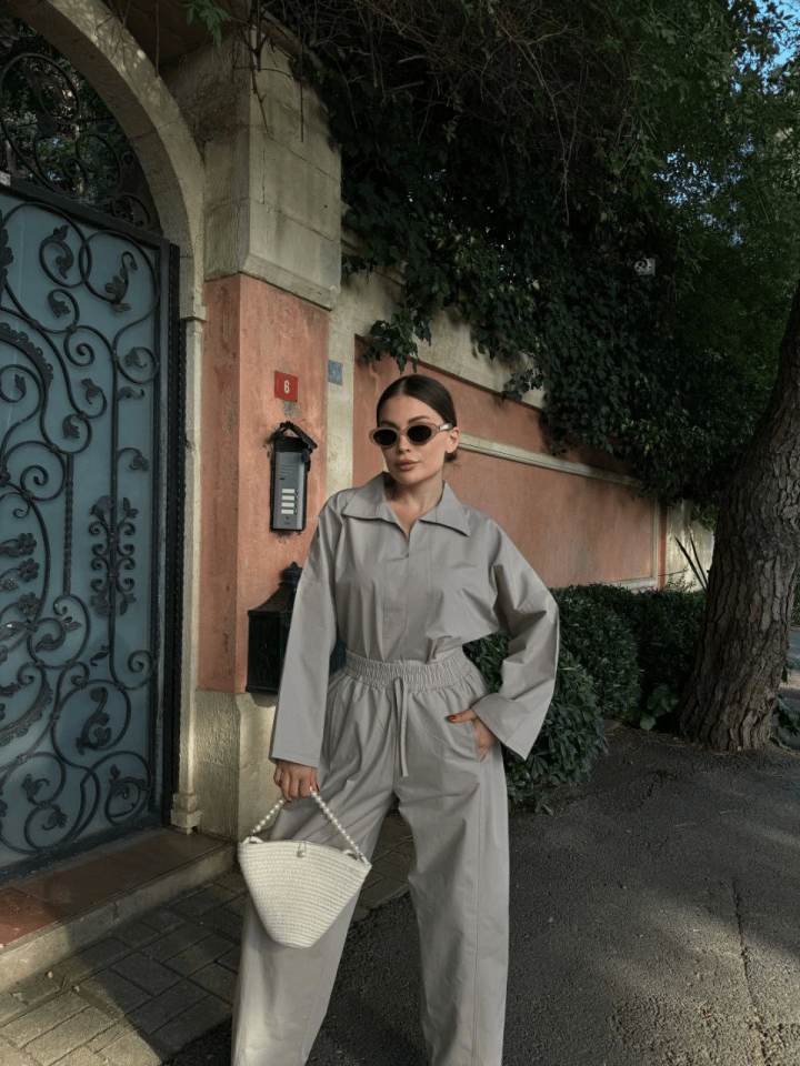 Uzun Kollu Yakalı Gömlek Pantalon Takım- Gri