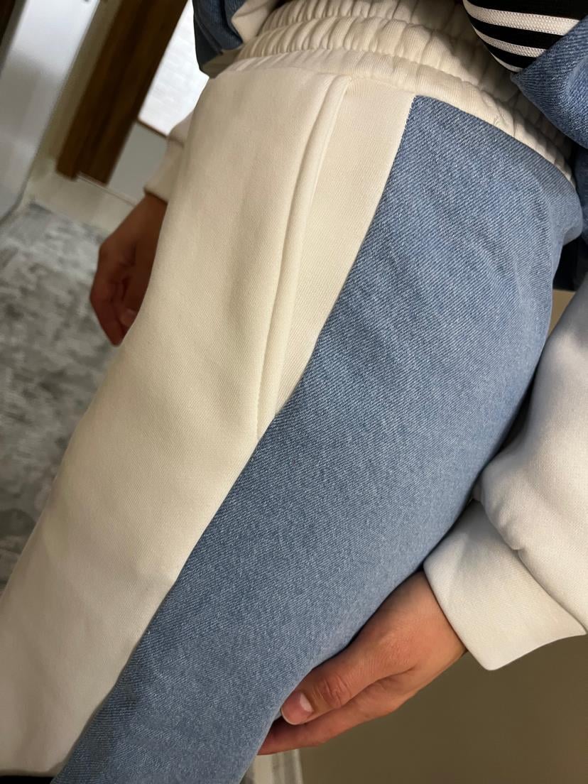 Denim Detaylı Şardonlu Takım