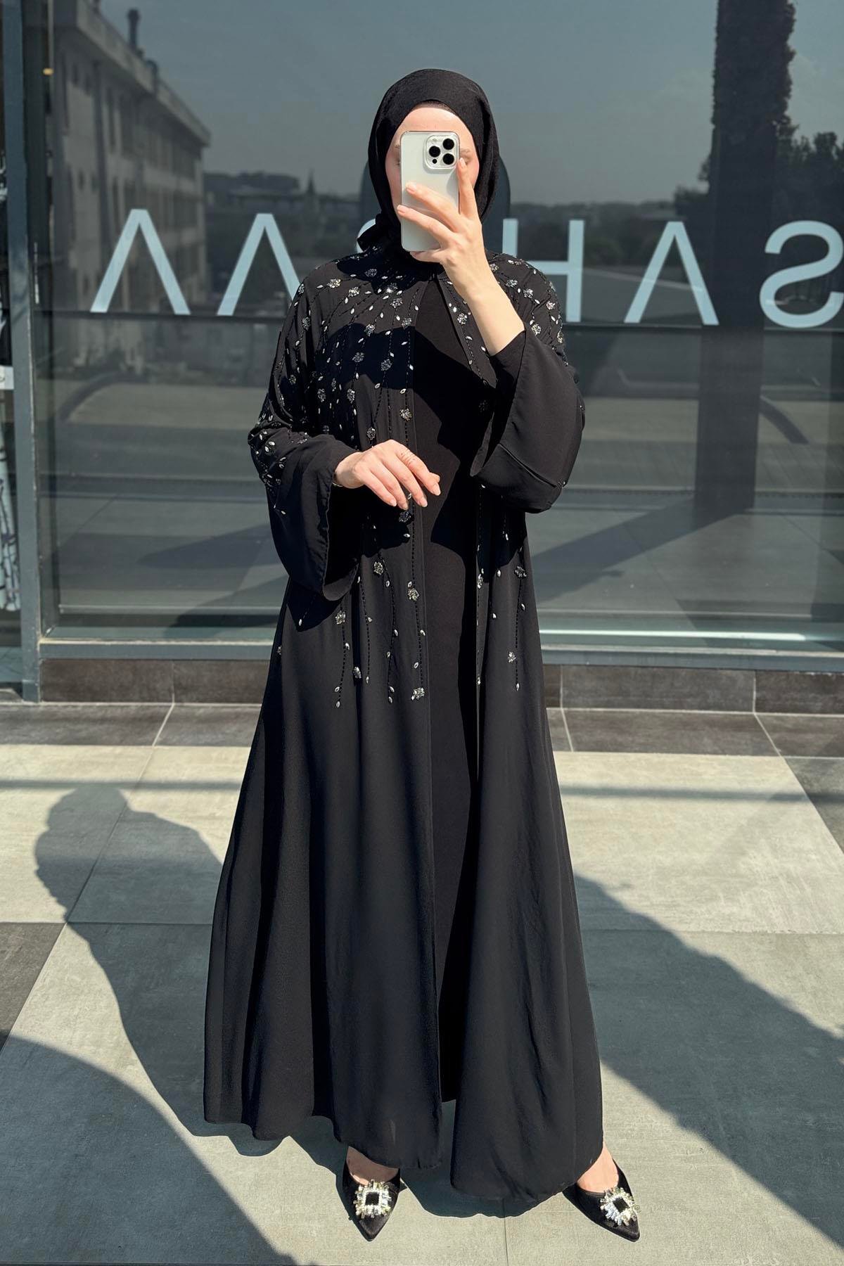 Gold Taş Baskı Detaylı Abaya Siyah