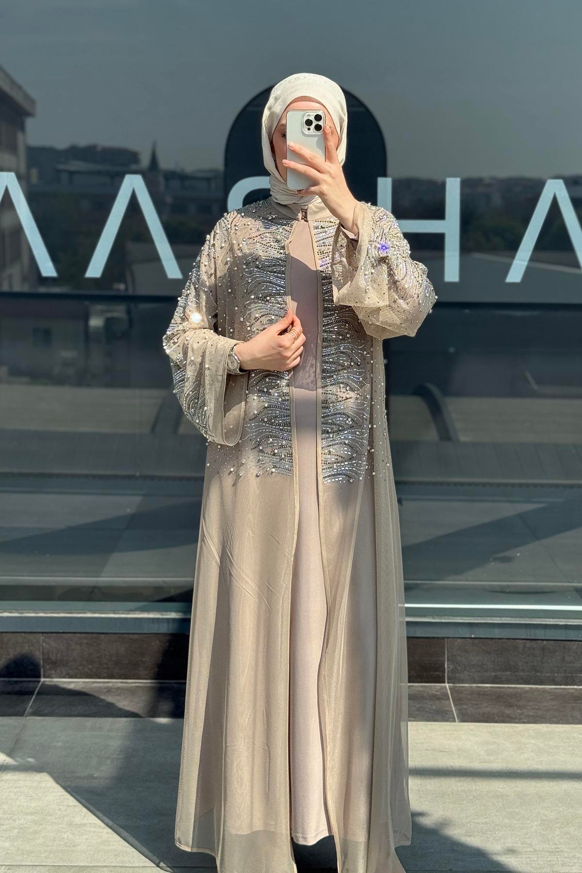Taş Baskılı  Tül Abaya Bej