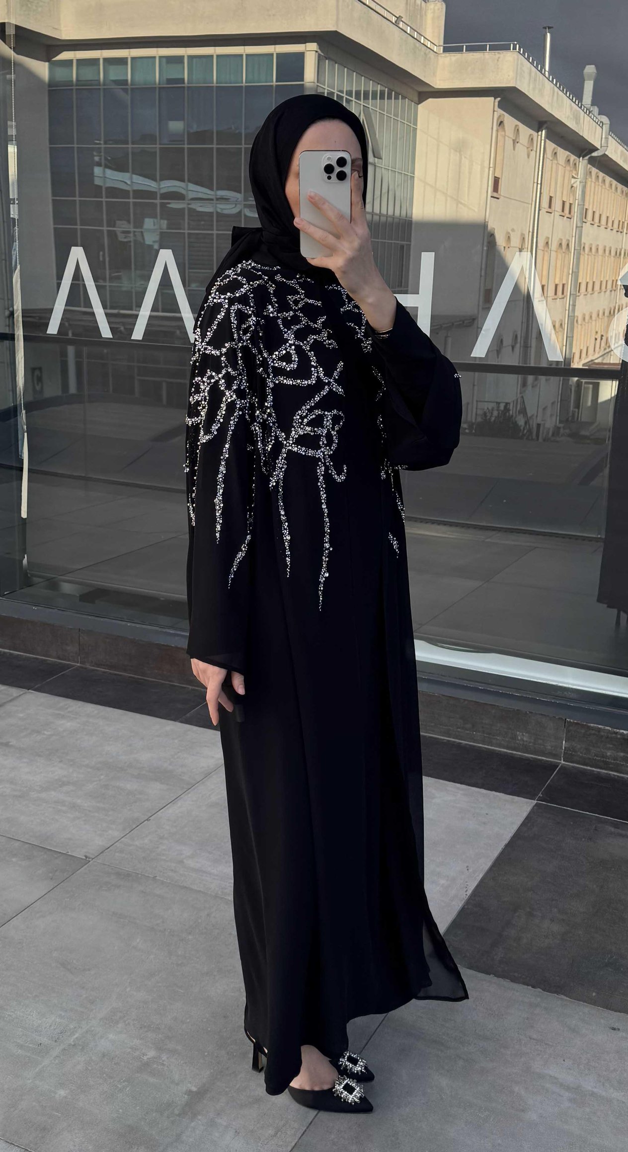 Taşlı Abaya Siyah
