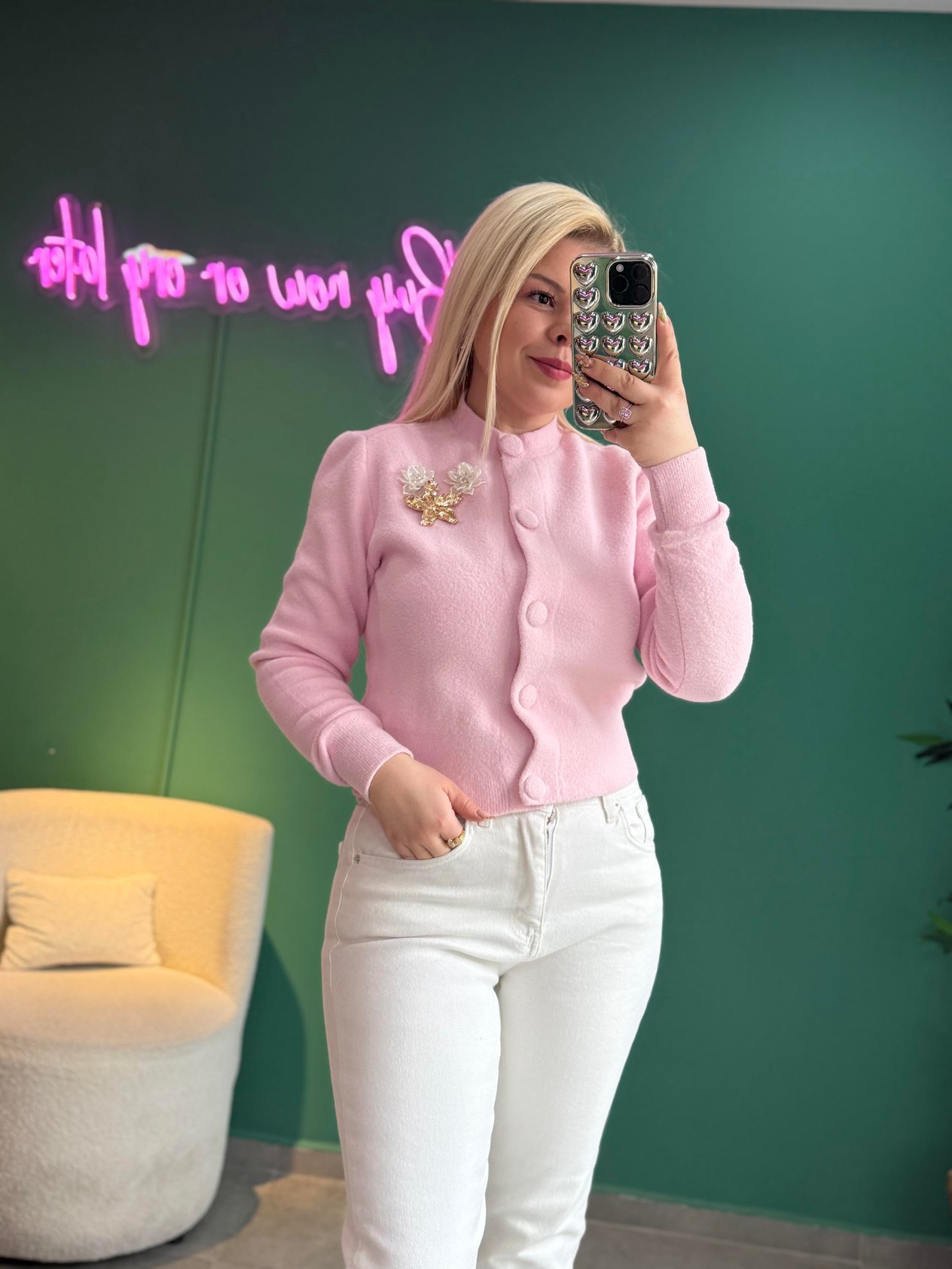 Angora Pembe Broşlu Hırka