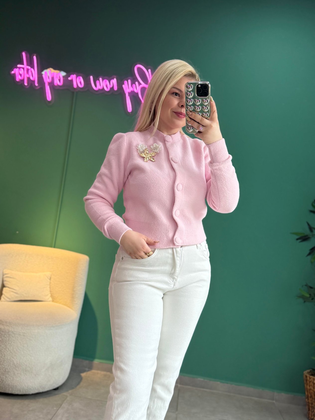 Angora Pembe Broşlu Hırka