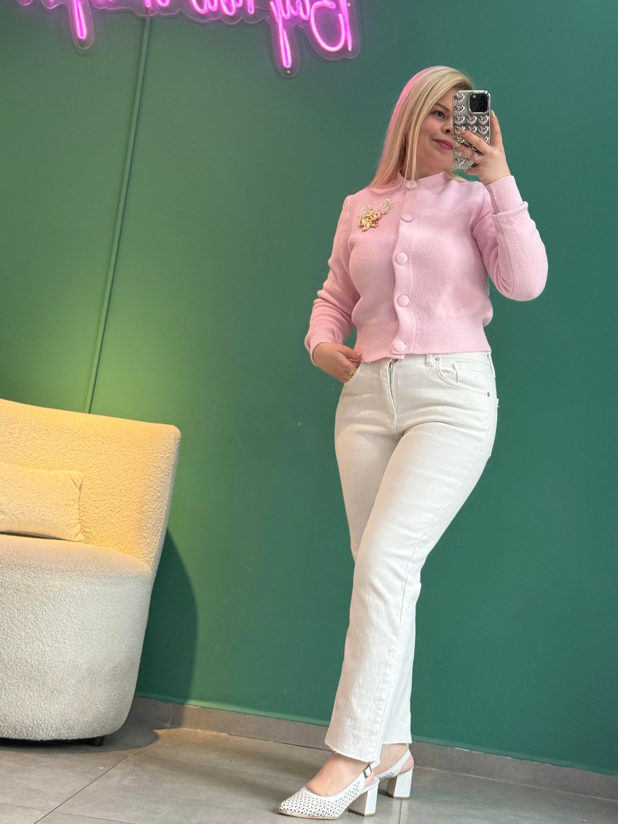 Angora Pembe Broşlu Hırka