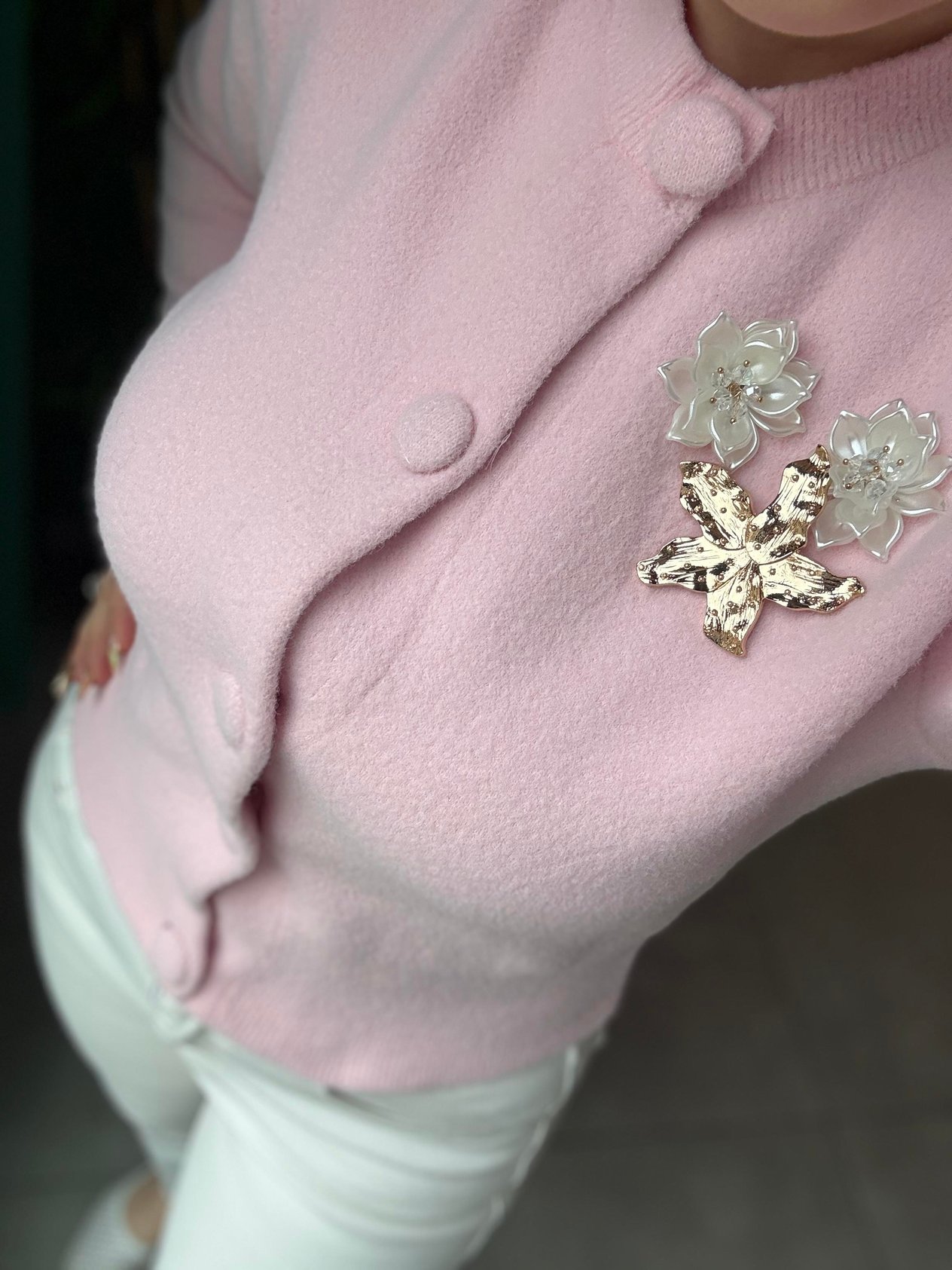 Angora Pembe Broşlu Hırka