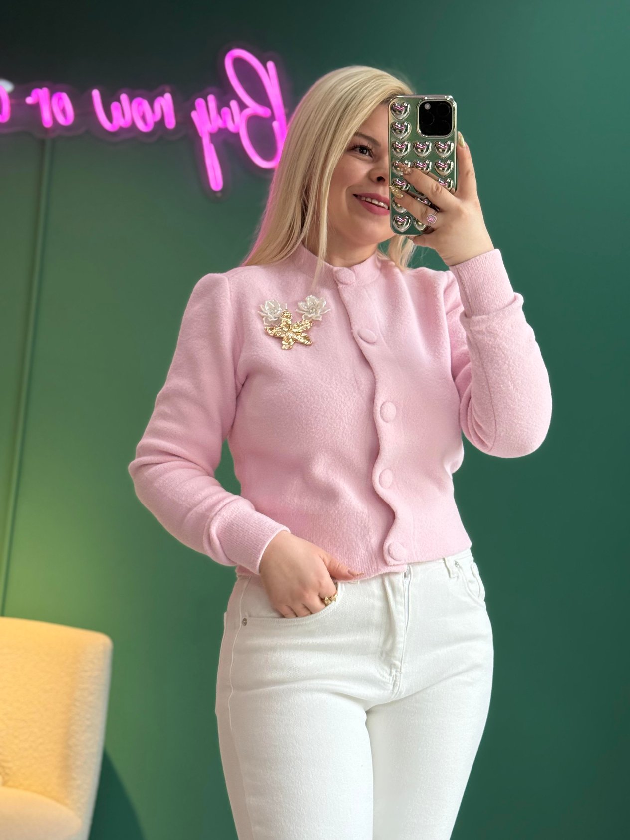 Angora Pembe Broşlu Hırka