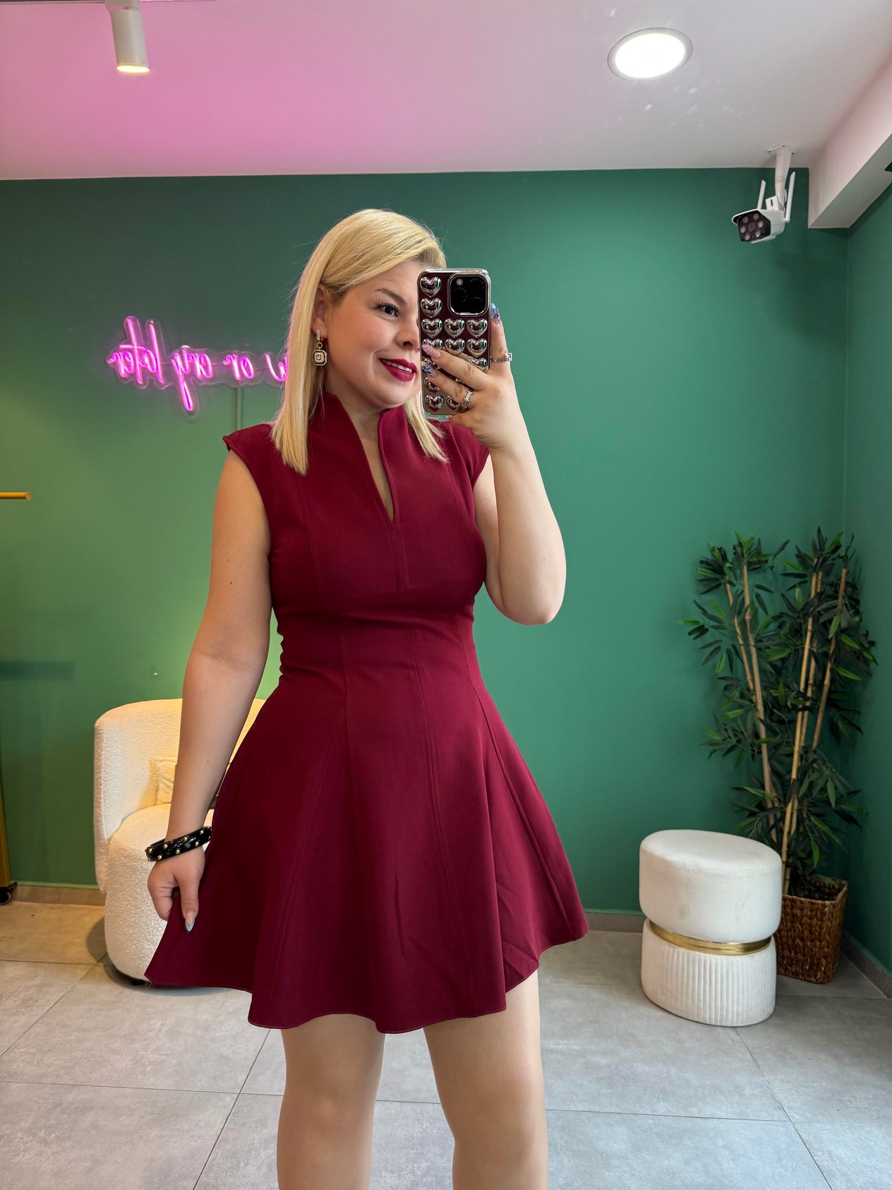 Bordo V Yaka Mini Elbise 