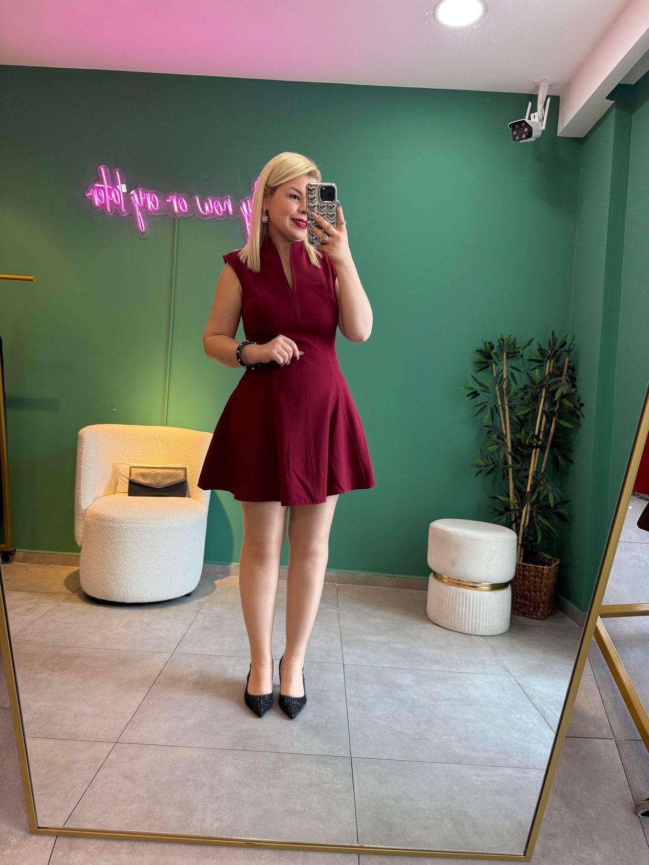 Bordo V Yaka Mini Elbise 