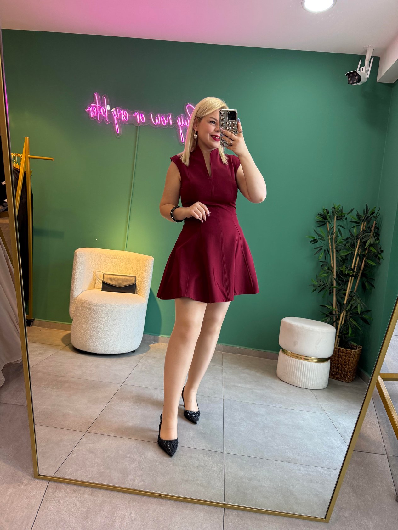 Bordo V Yaka Mini Elbise 