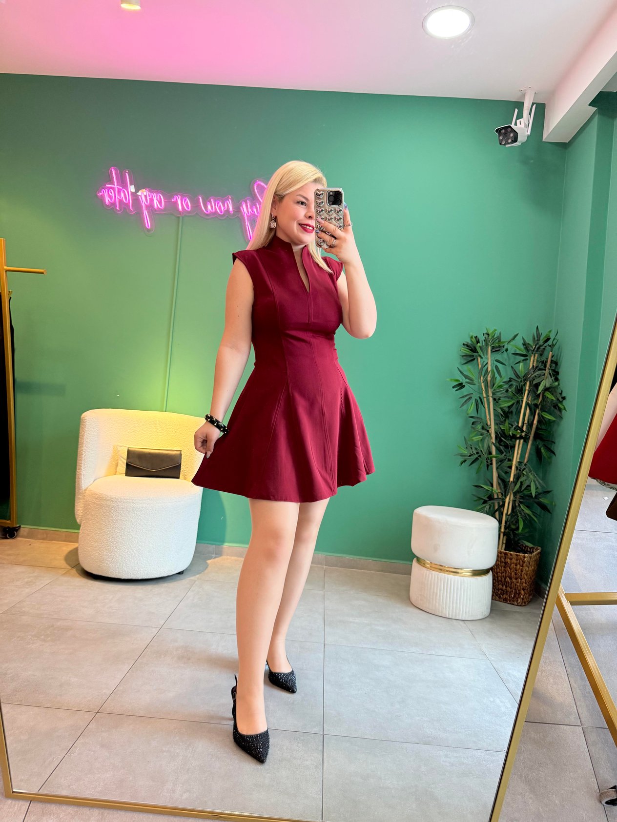 Bordo V Yaka Mini Elbise 