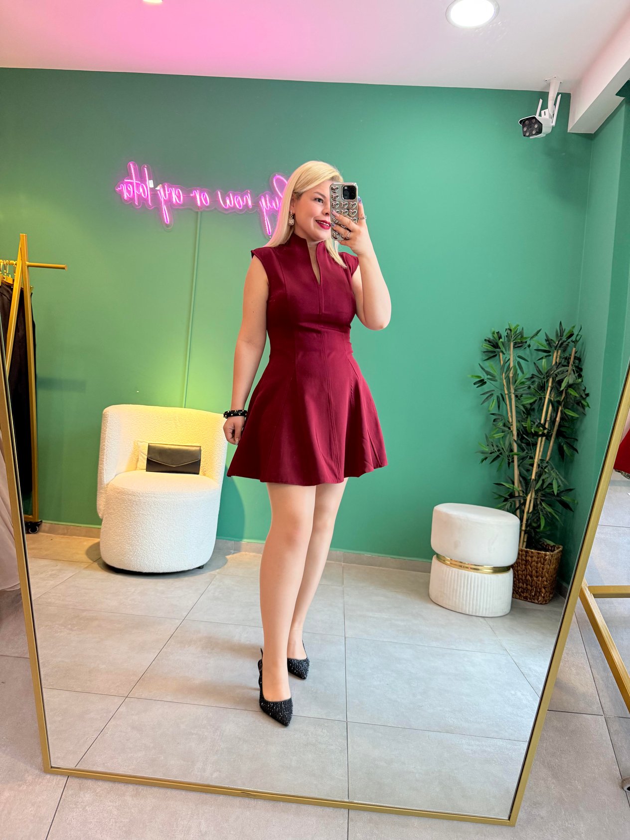 Bordo V Yaka Mini Elbise 