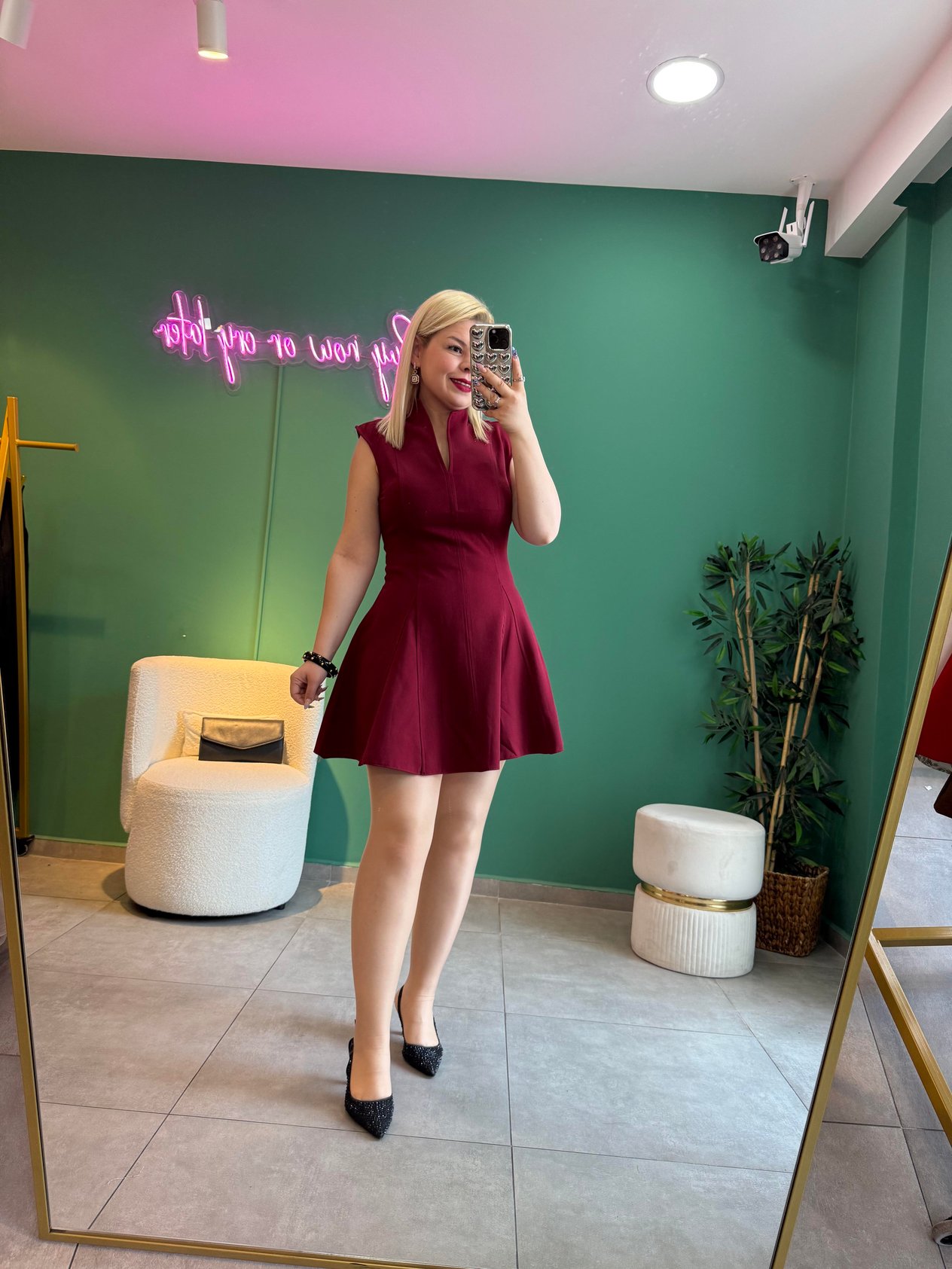 Bordo V Yaka Mini Elbise 