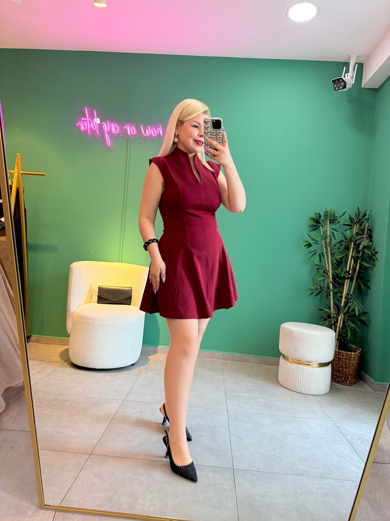 Bordo V Yaka Mini Elbise 