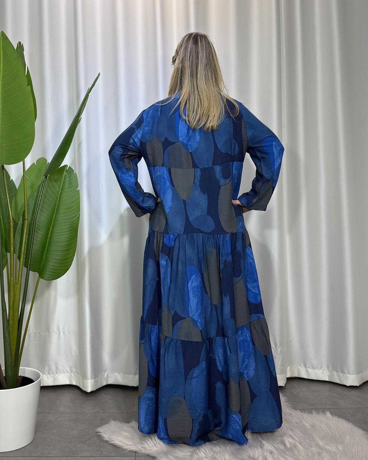 Luna Batik Desenli Elbise Mavi