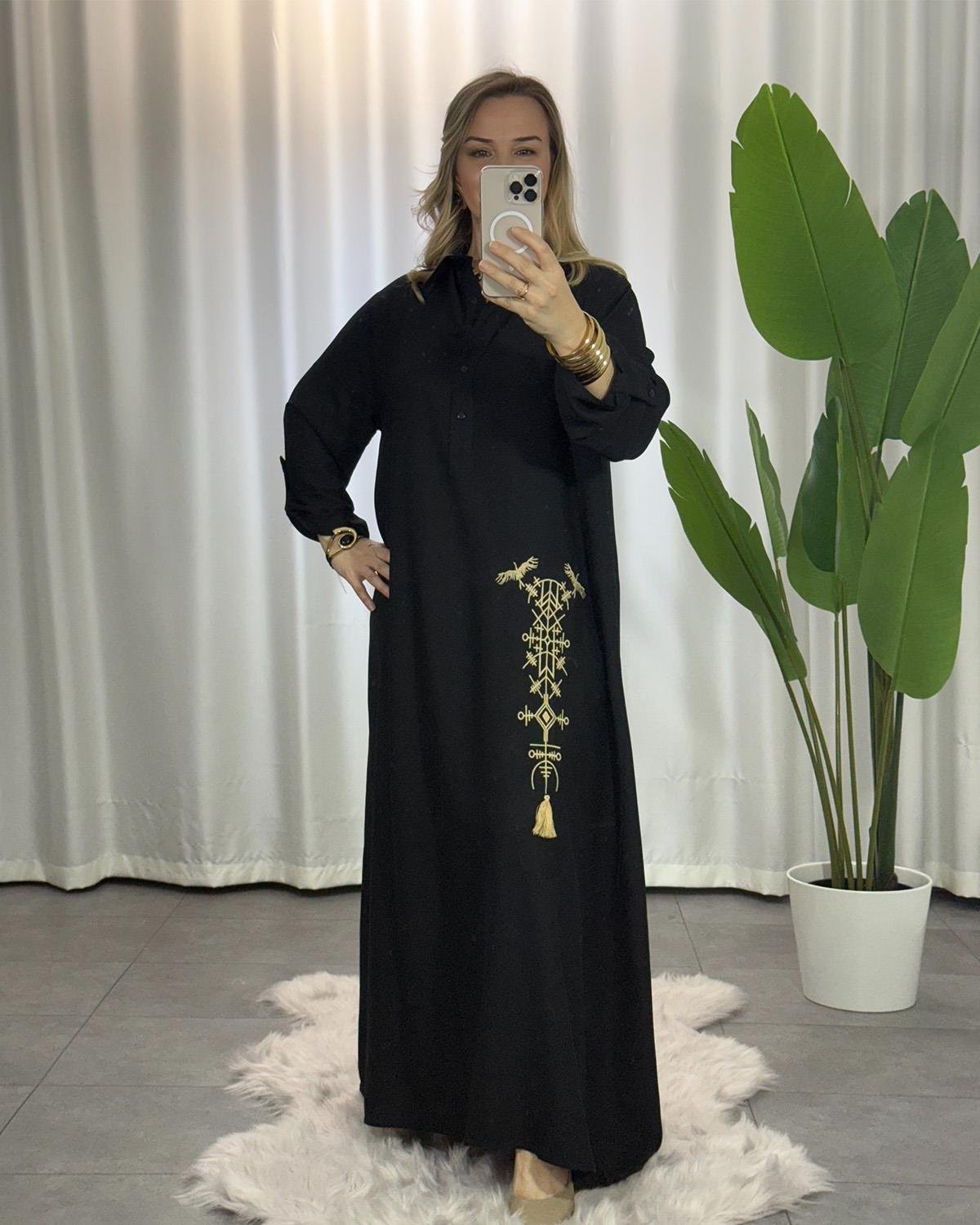 Premium Etnik Desenli Elbise Siyah