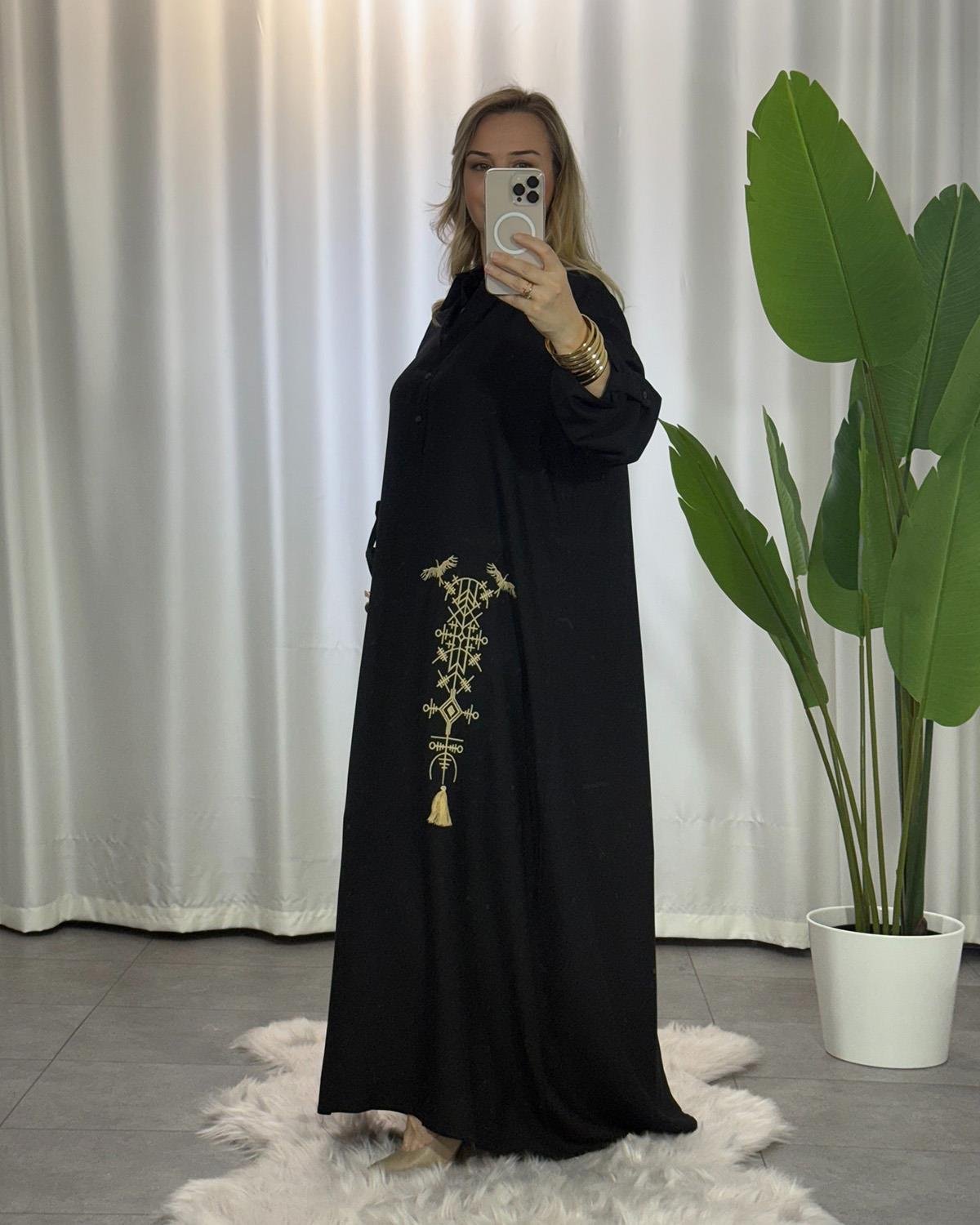 Premium Etnik Desenli Elbise Siyah