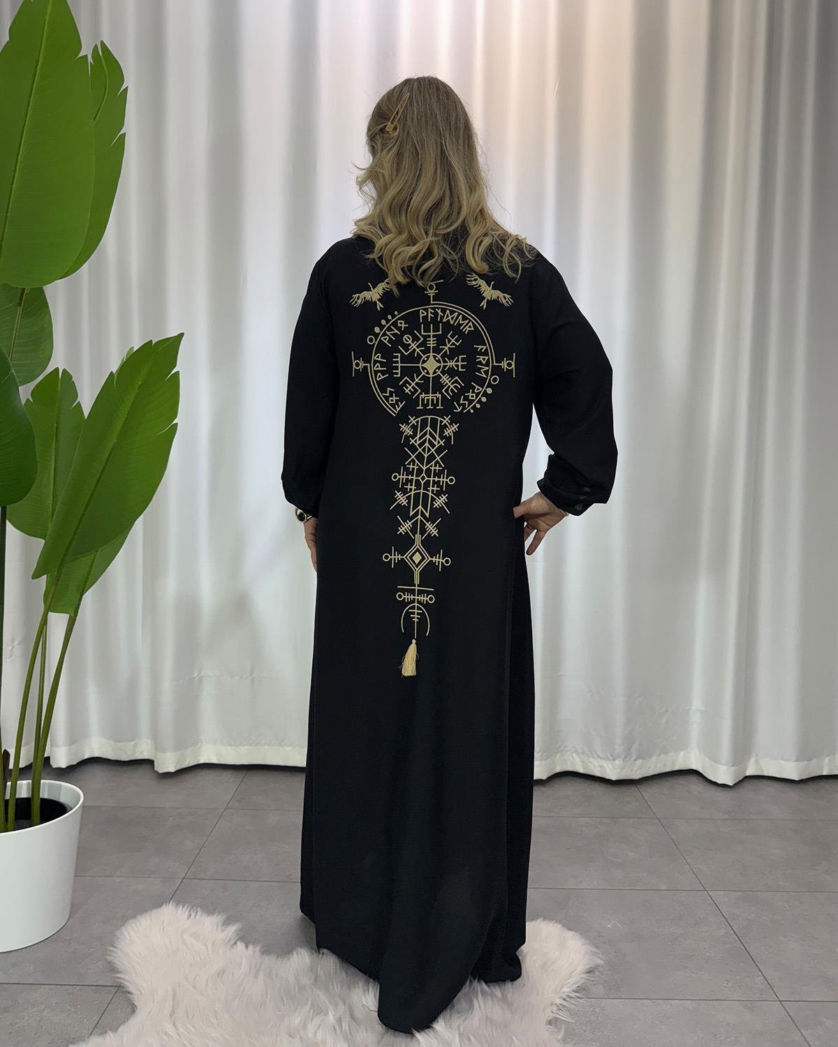 Premium Etnik Desenli Elbise Siyah