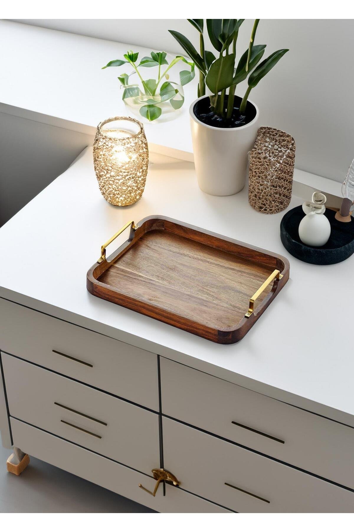 Natura Metal Kollu Akasya Tepsi 30x23 cm