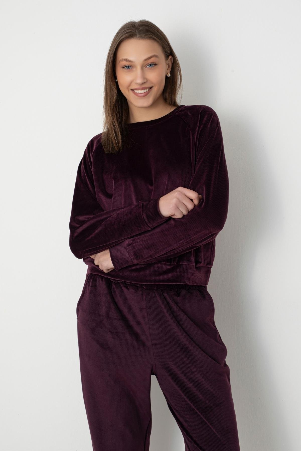 Dofi Kadın Fitilli Mürdüm Kadife Pijama Takımı